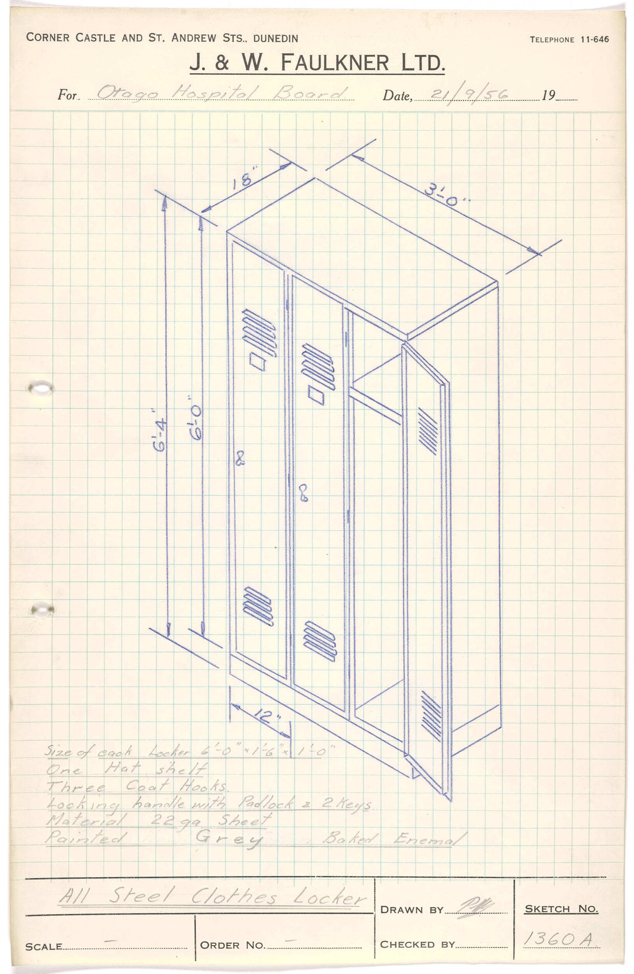 Sketch of steel clothes locker for Otago Hospital Board