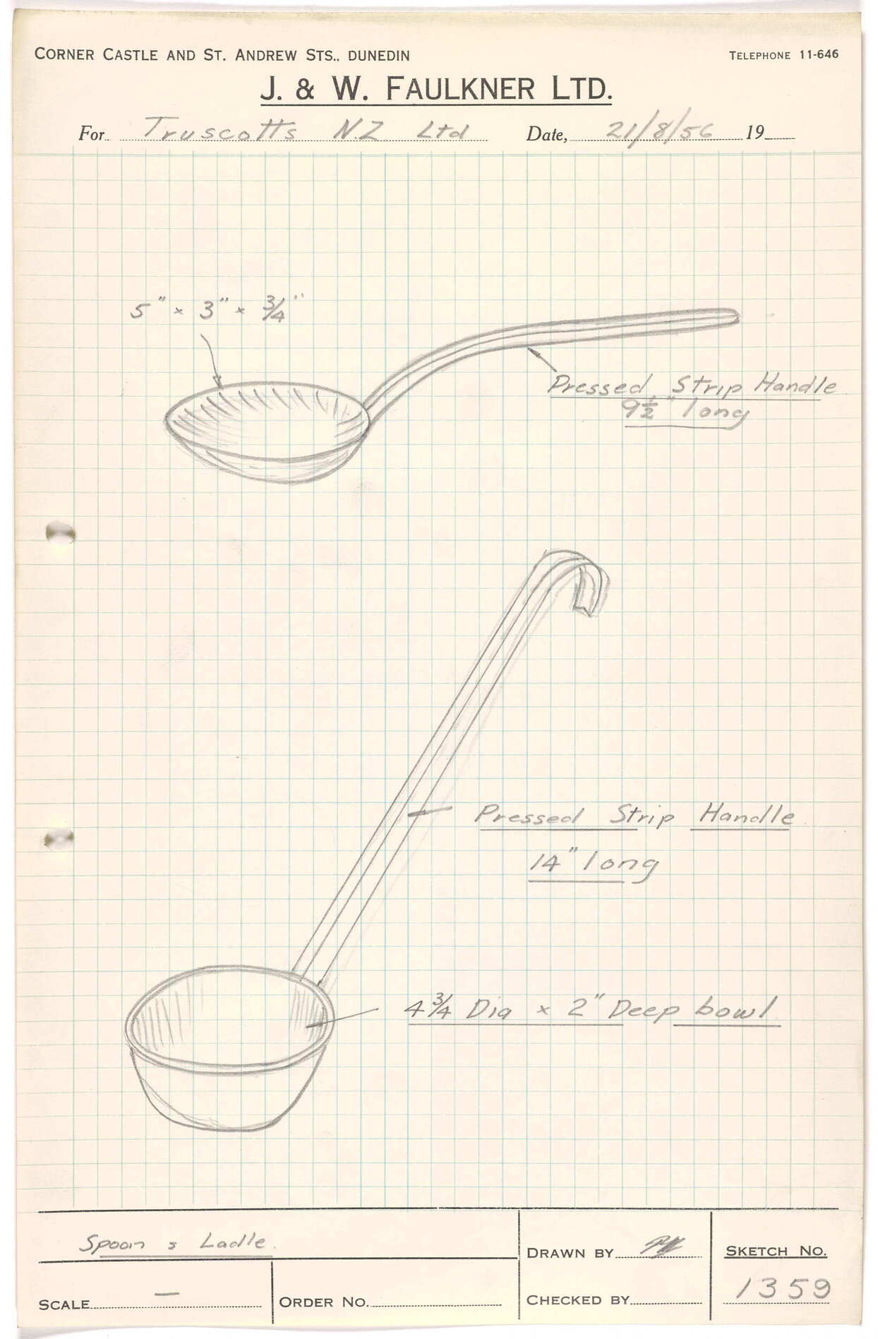 Sketch of spoon and ladle for Truscotts NZ Ltd