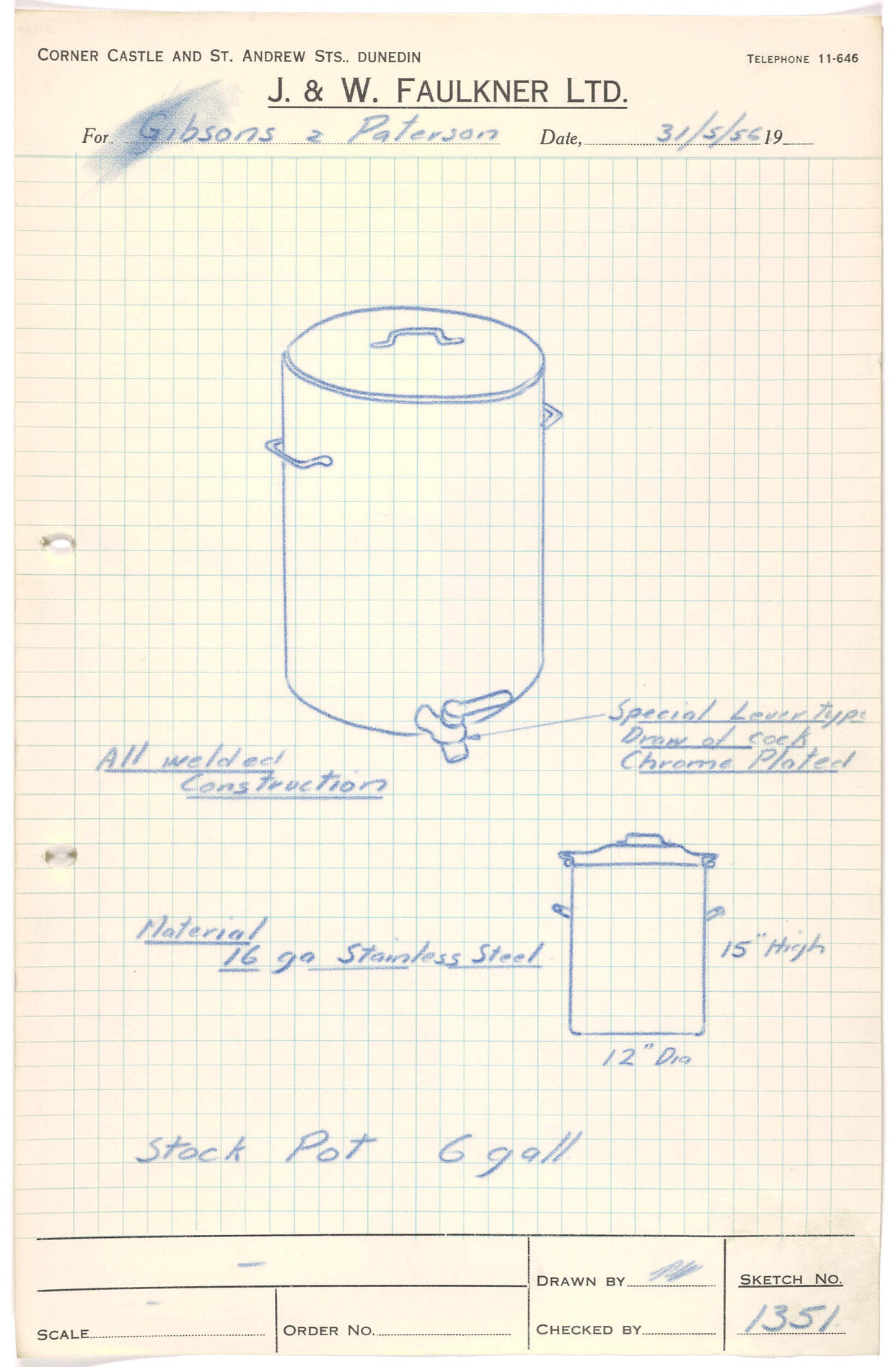 Sketch of stock pot for Gibsons &amp; Paterson