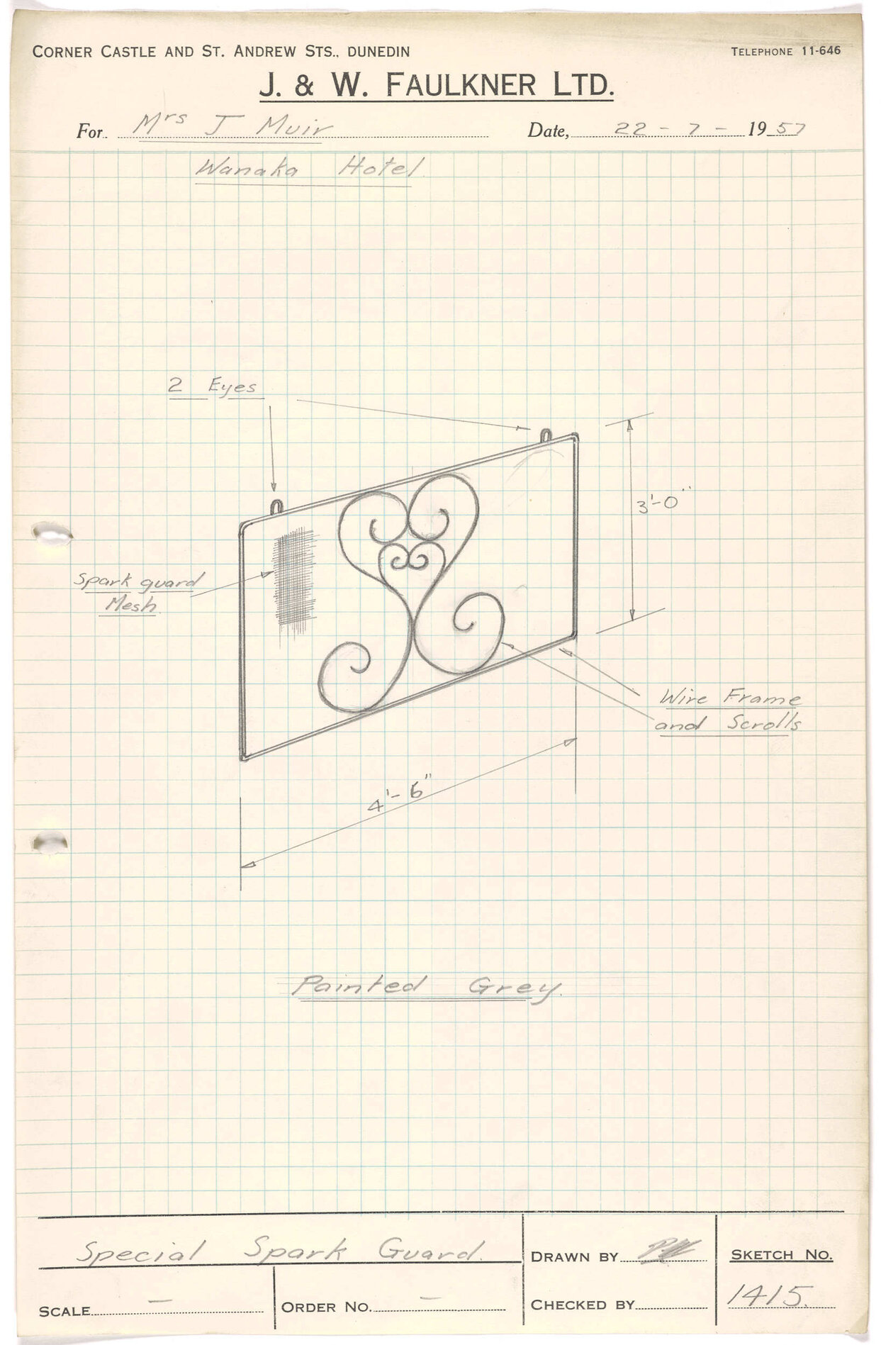 Sketch of special spark guard for Mrs J. Muir, Wanaka Hotel