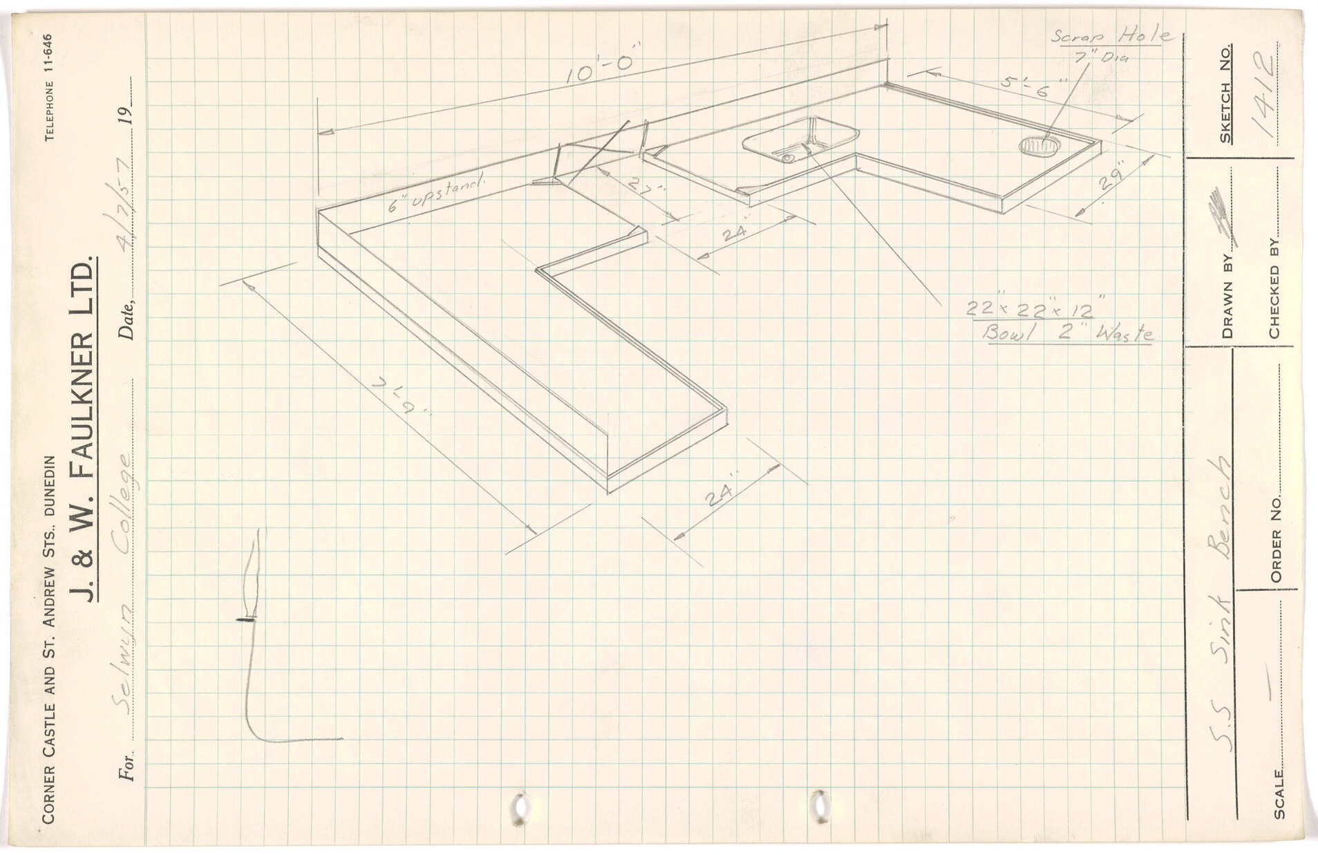 Sketch of stainless steel sink bench for Selwyn College