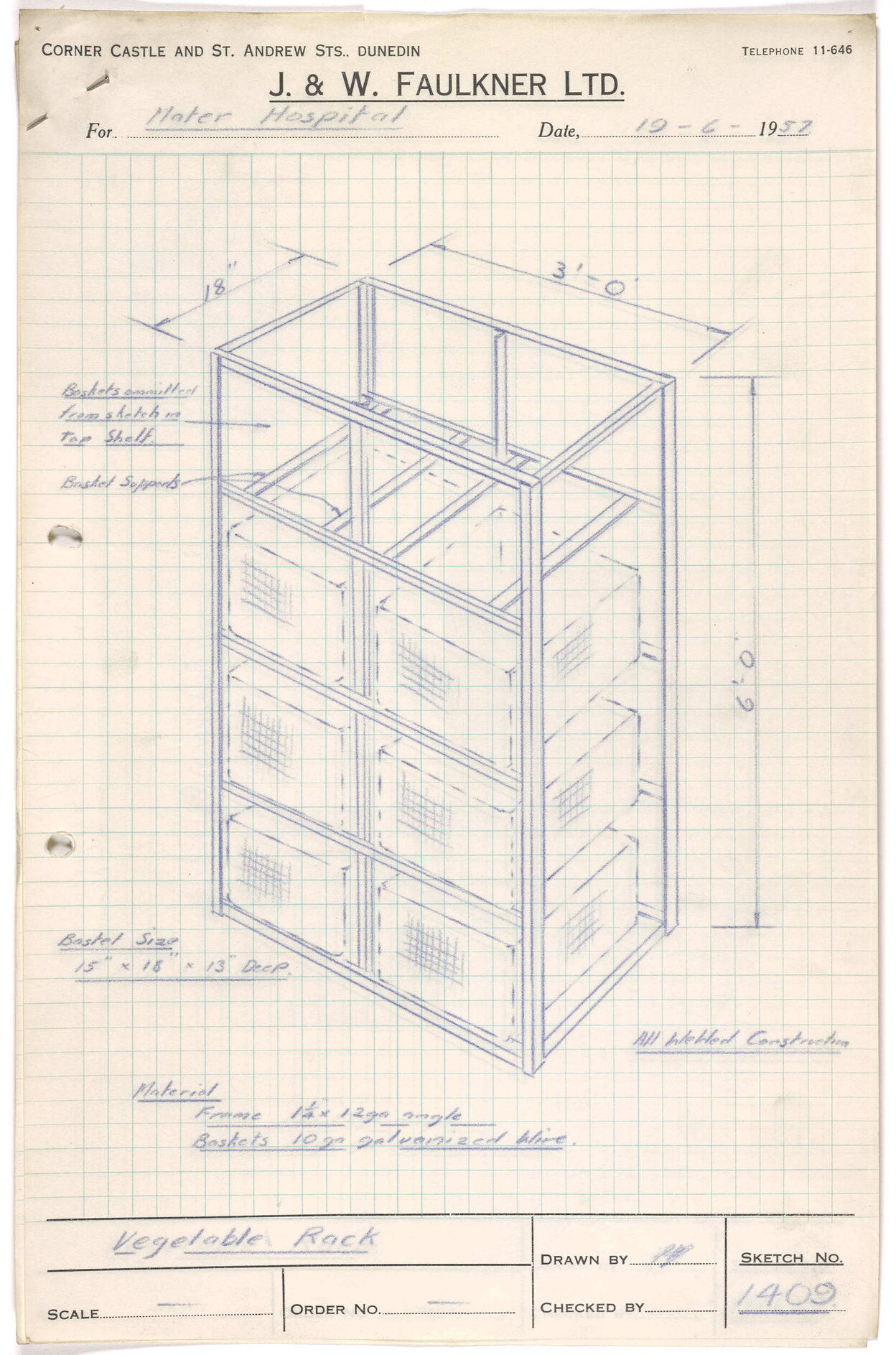 Sketch of vegetable rack for Mater Hospital