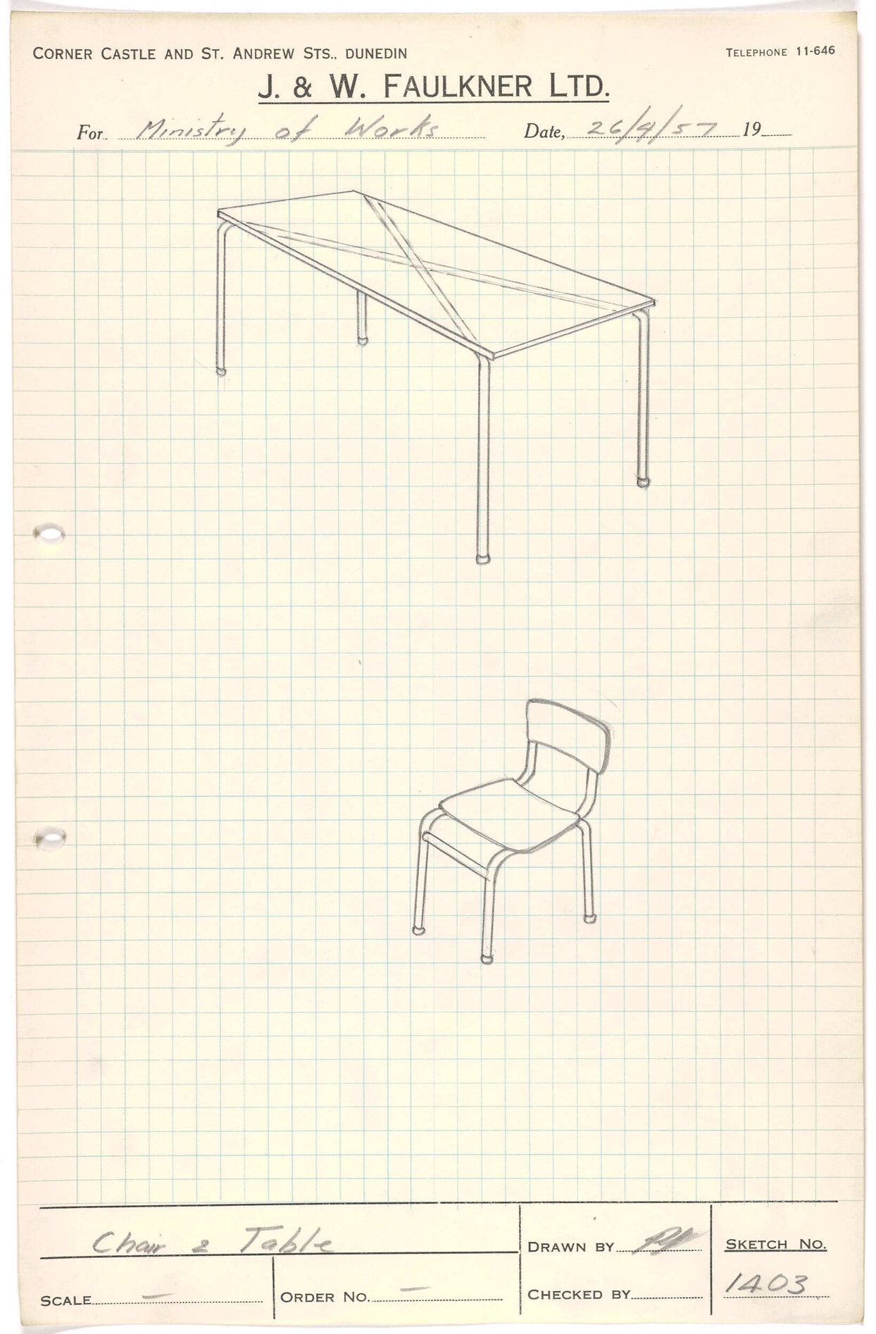 Sketch of chair and table for Ministry of Works