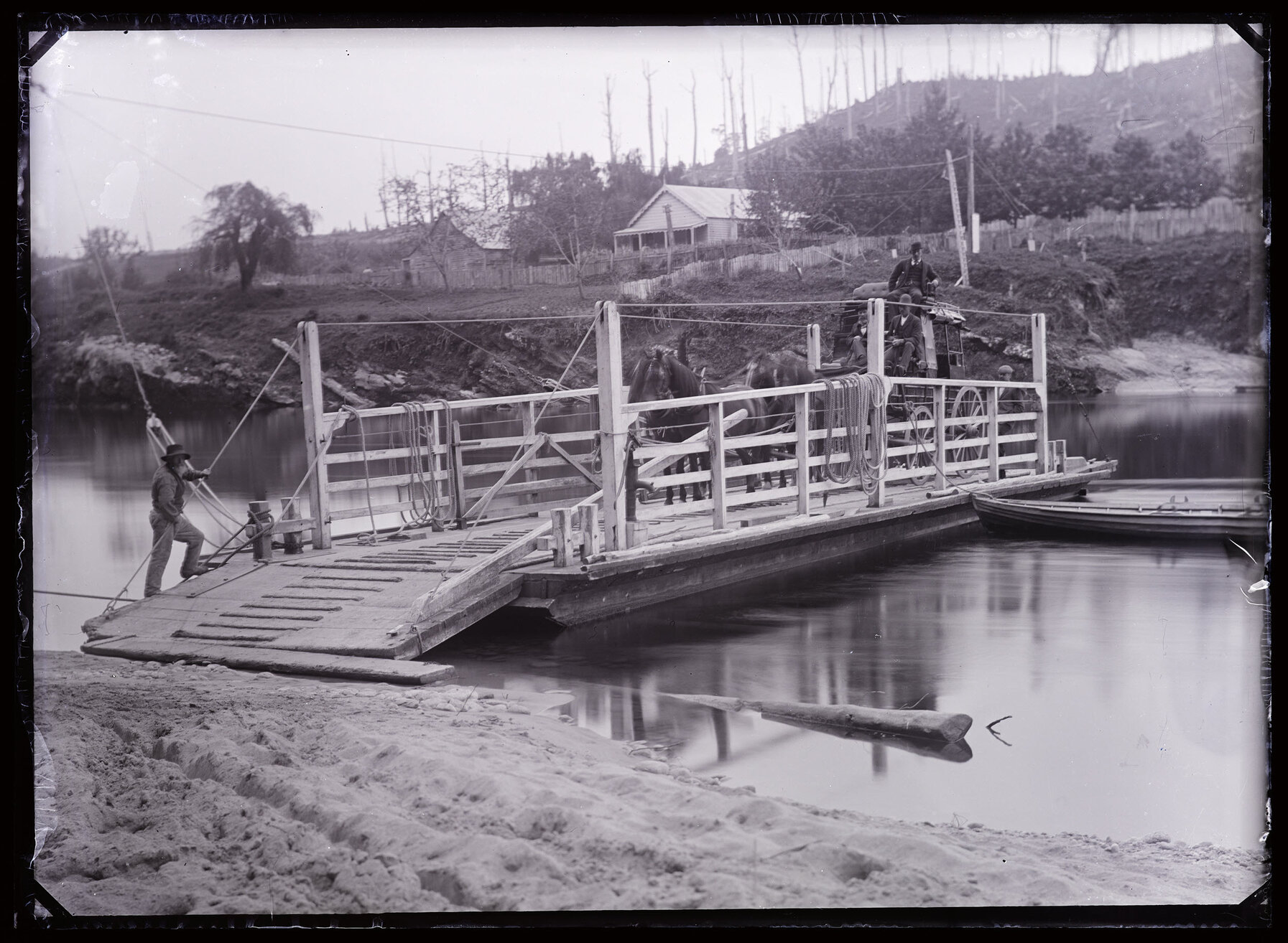 Five people and stagecoach on river ferry, Westland