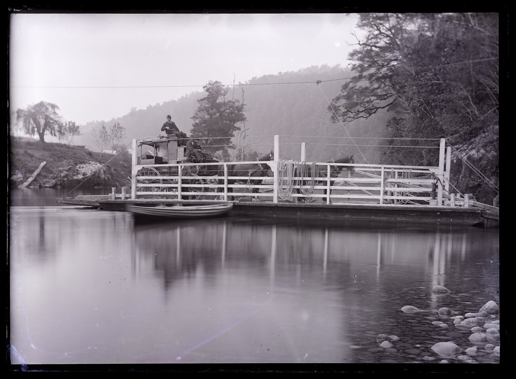 Four people and stagecoach on river ferry, Westland