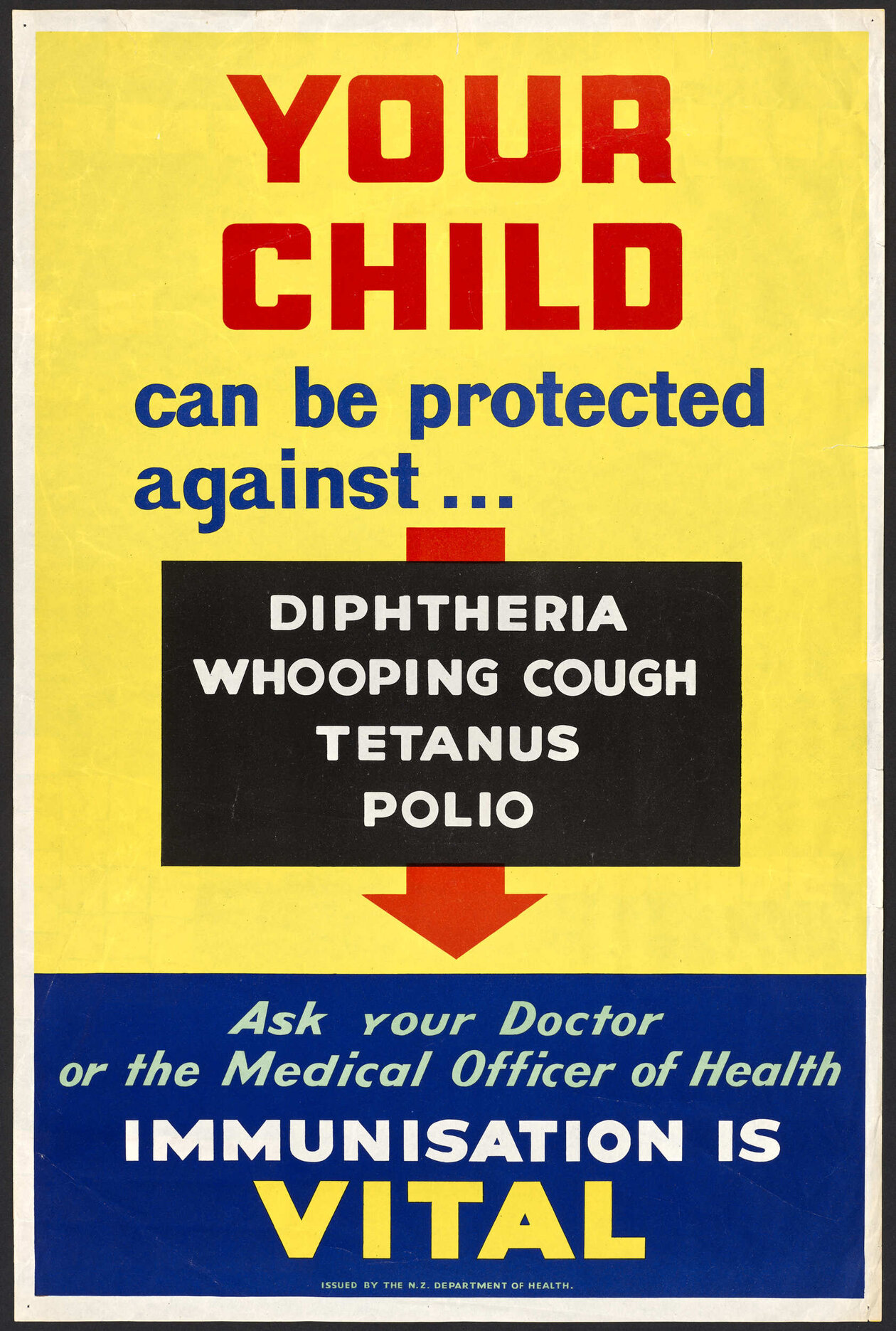 "Your Child can be protected against ... Whooping Cough Diphtheria Measles Tatanus Rubella Polio"