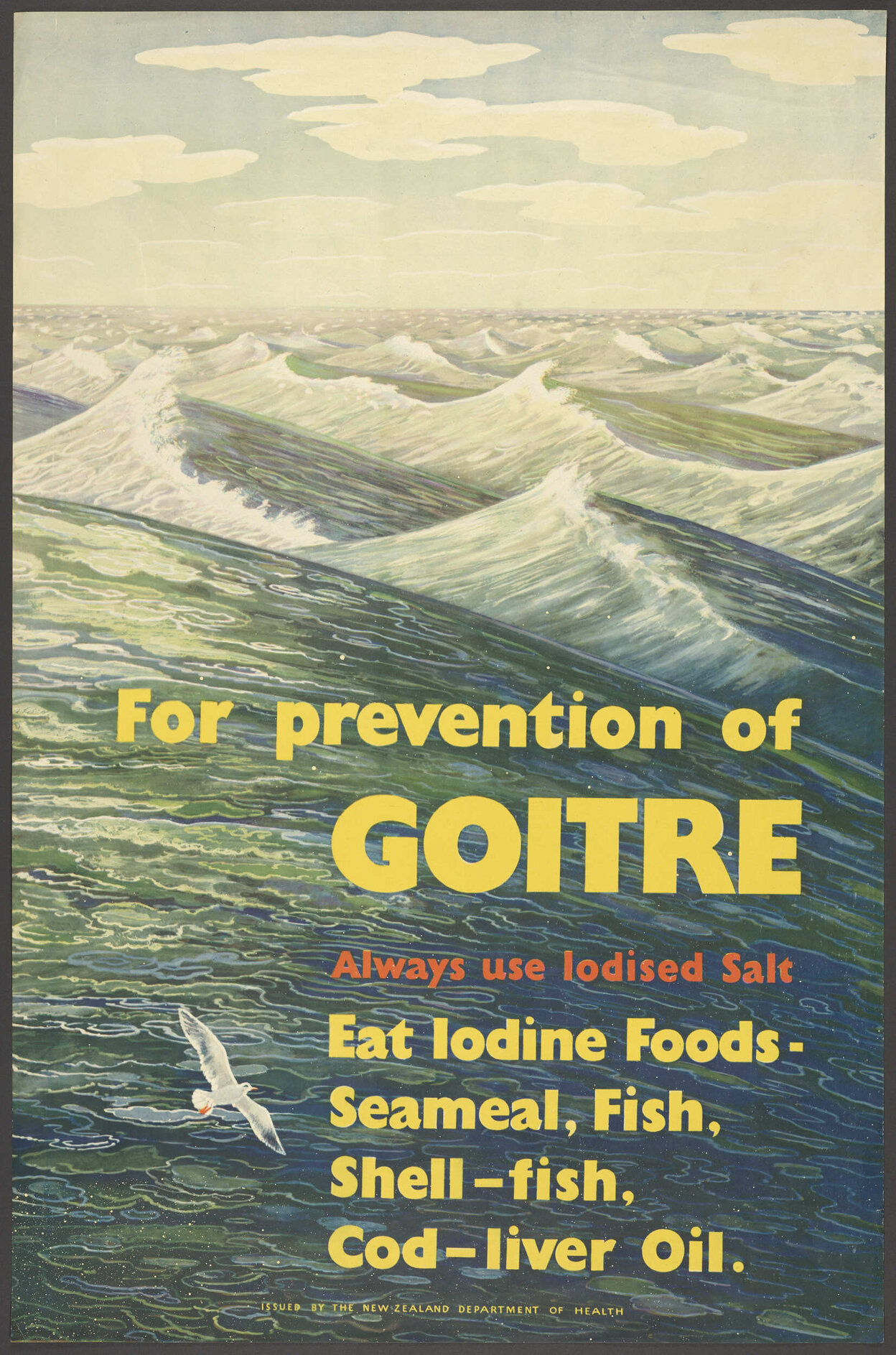 "For Prevention of Goitre Always use Iodised Salt Eat Iodine Foods - Seameal, Fish, Shell-fish, Cod-liver Oil."