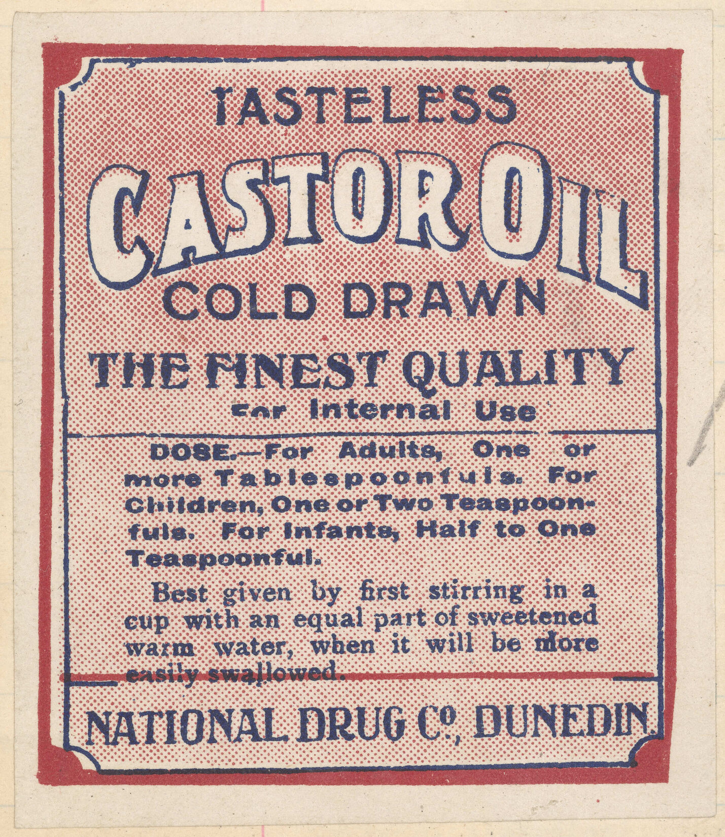 "Tasteless Castor Oil Cold Drawn"
