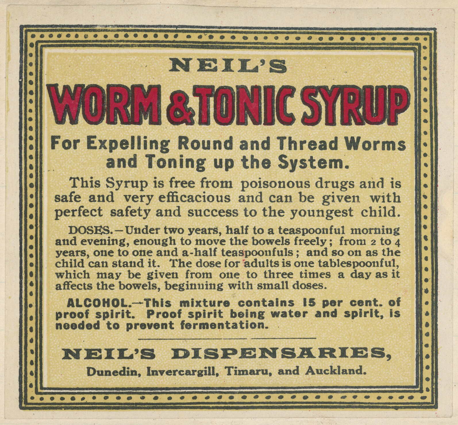 "Neil's Worm &amp; Tonic Syrup"