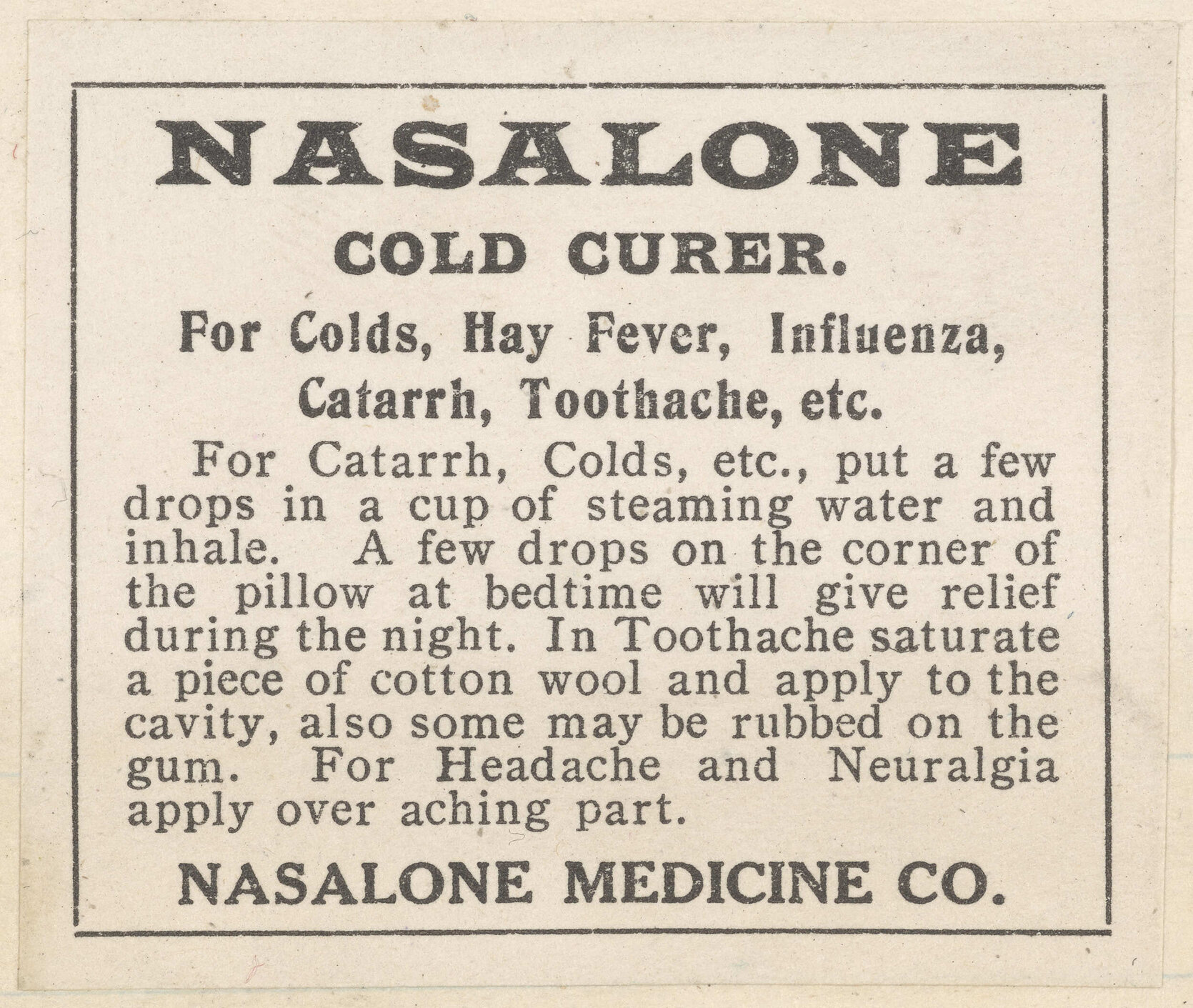 "Nasalone Cold Curer."