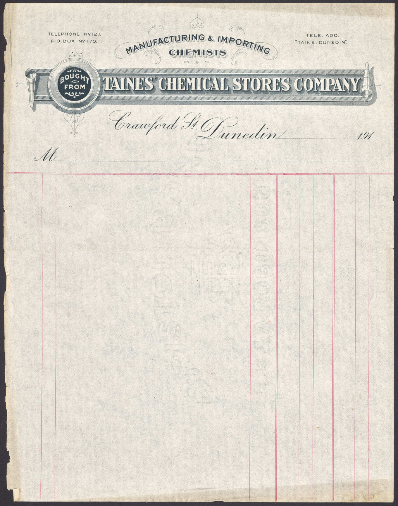 "Manufacturing &amp; Importing Chemists Bought From Taines' Chemical Stores Company"