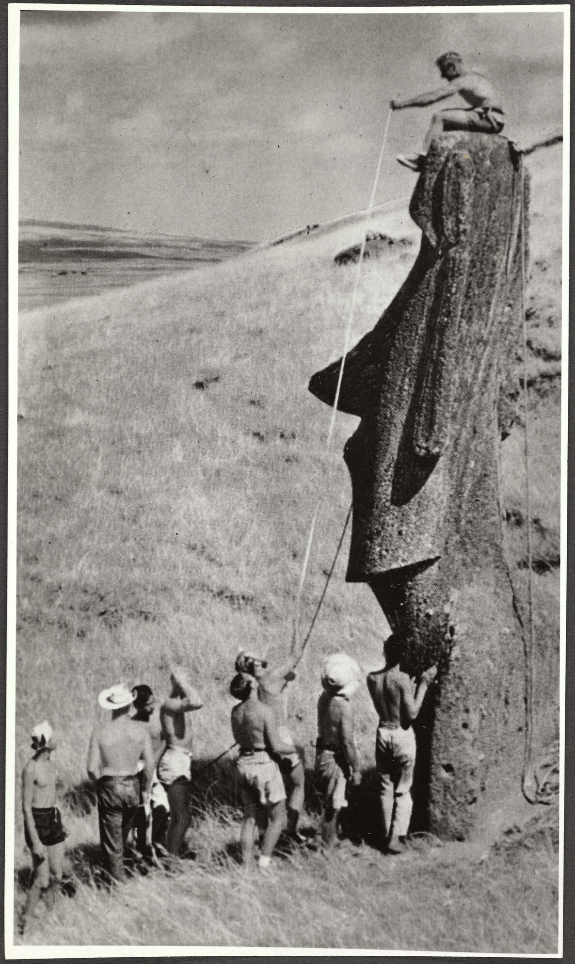 Thor Heyerdahl's party measuring an Easter Island statue