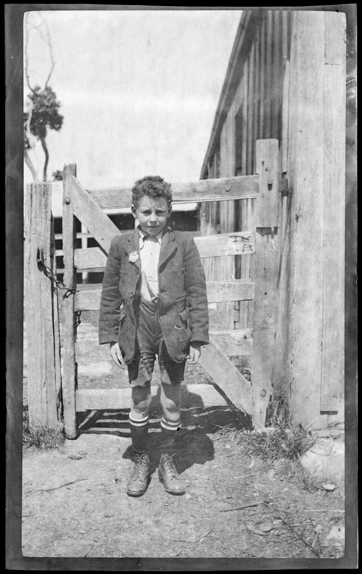 Schoolboy beside farm gate