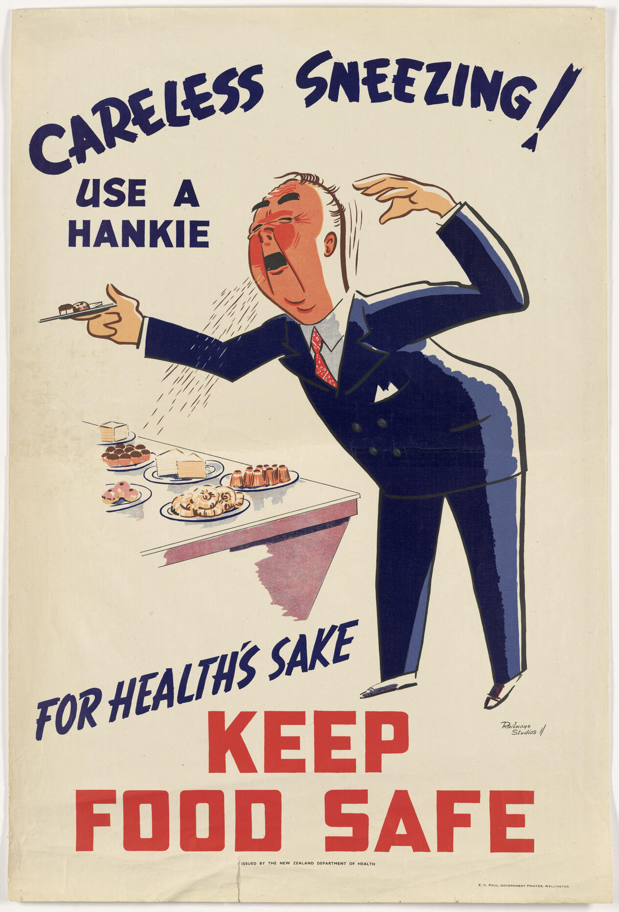 "Careless Sneezing! Use A Hankie For Health's Sake Keep Food Safe"