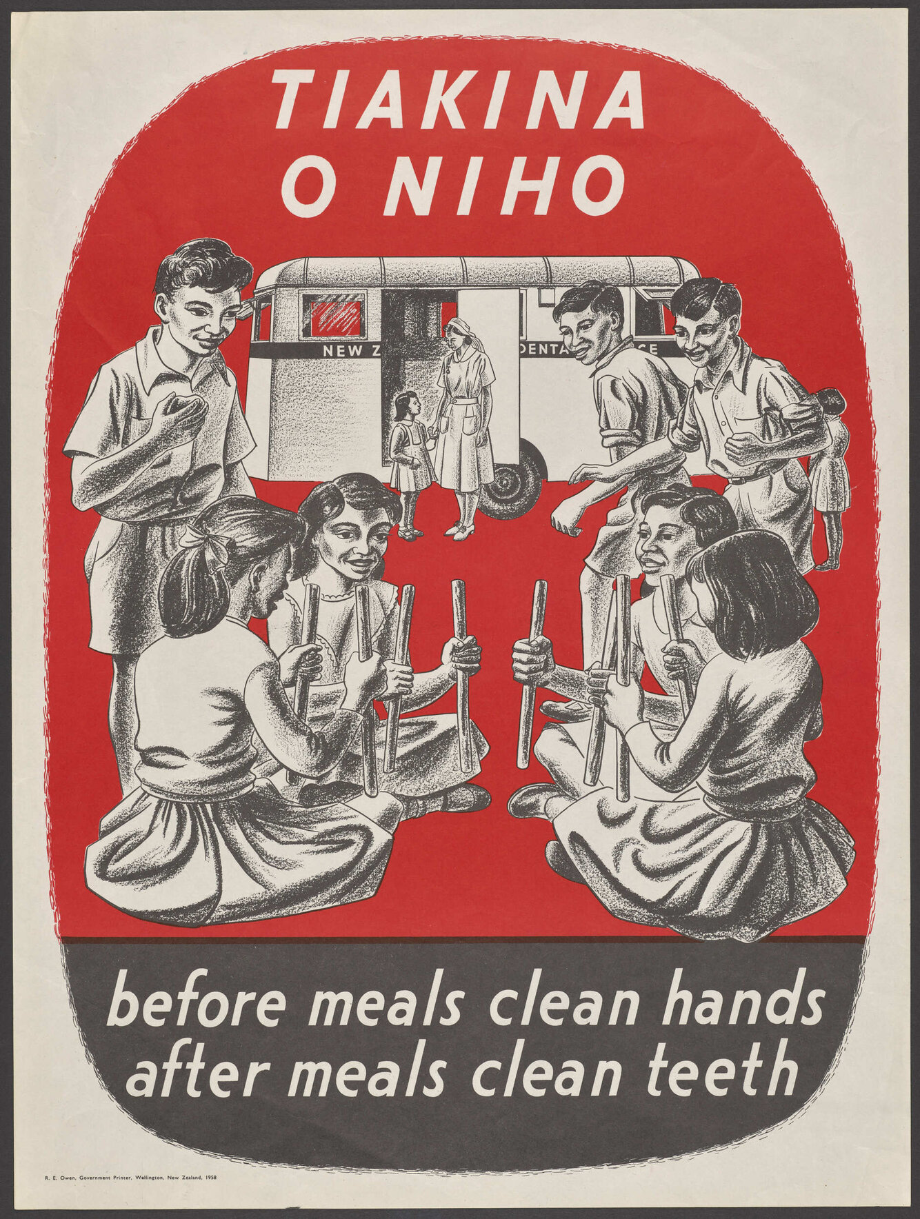 "Tiakina O Niho before meals clean hands after meals clean teeth"