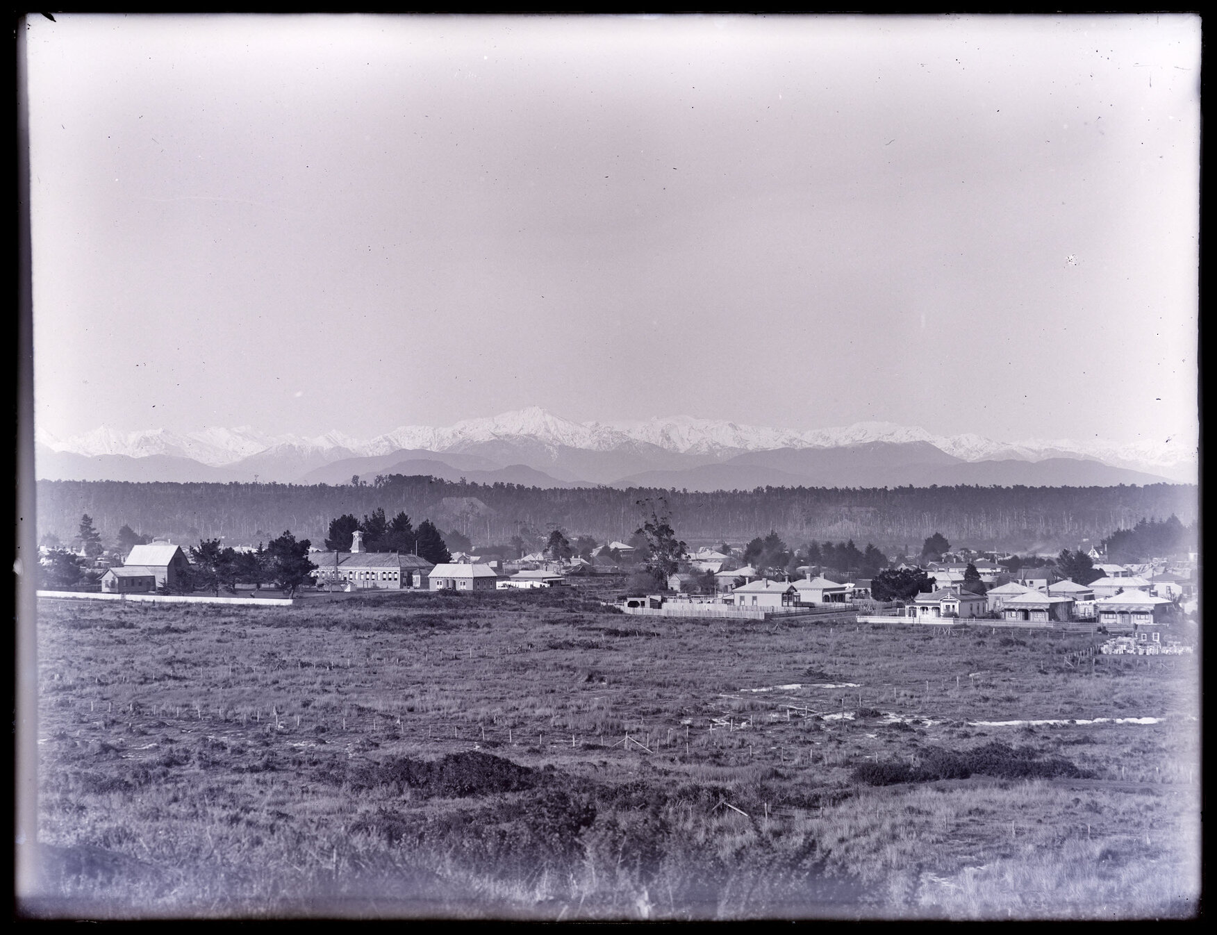 Hokitika, with snowy hills in distance