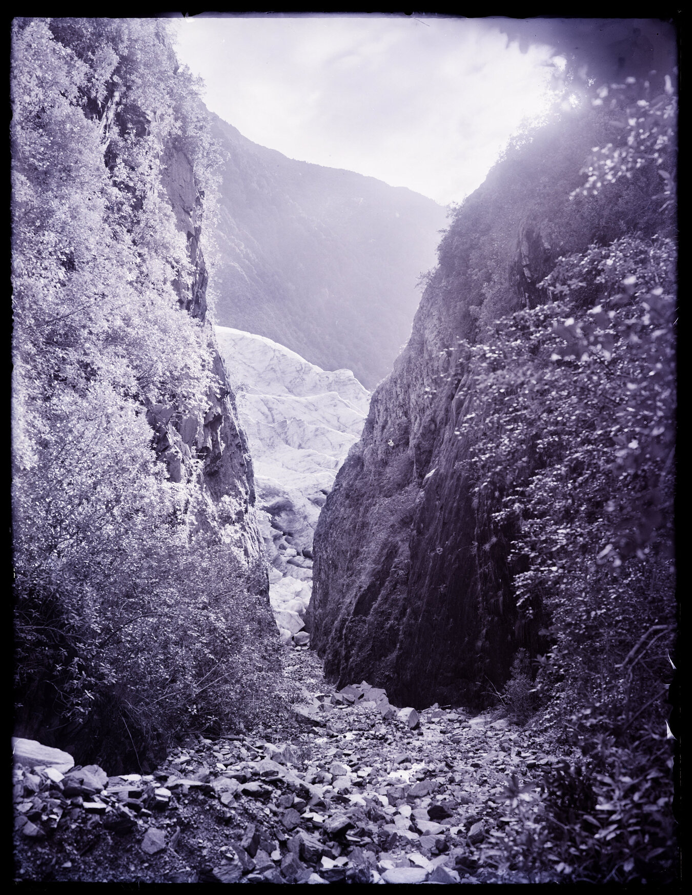View of glacier through narrow gut, Westland
