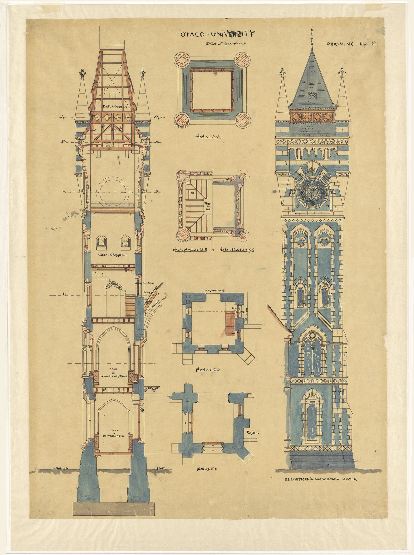 Plan for the University of Otago, Maxwell Bury architect. Drawing no. 8. Elevations and sections of clocktower.