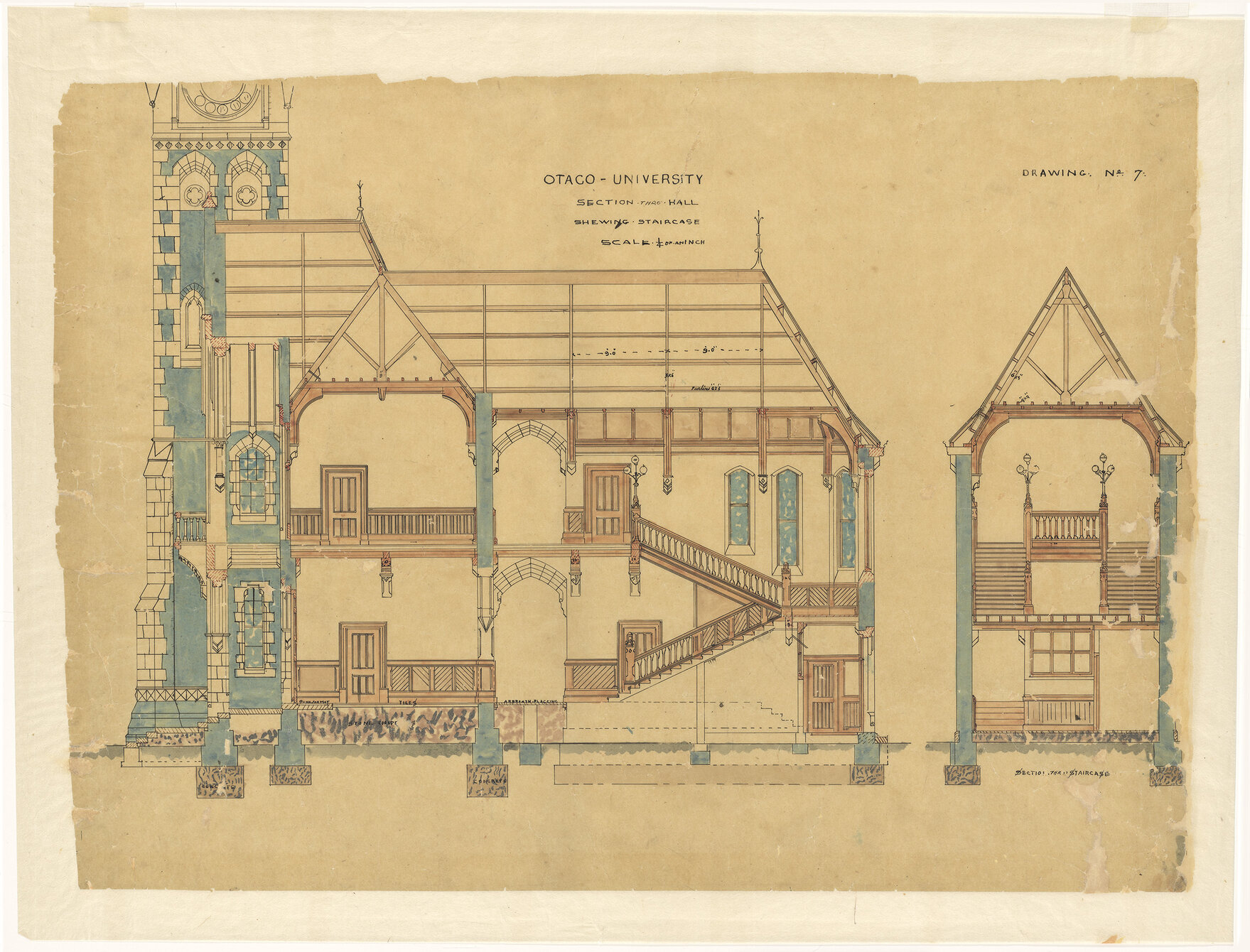 Plan for the University of Otago, Maxwell Bury architect. Drawing no. 7. Section through hall showing staircase.