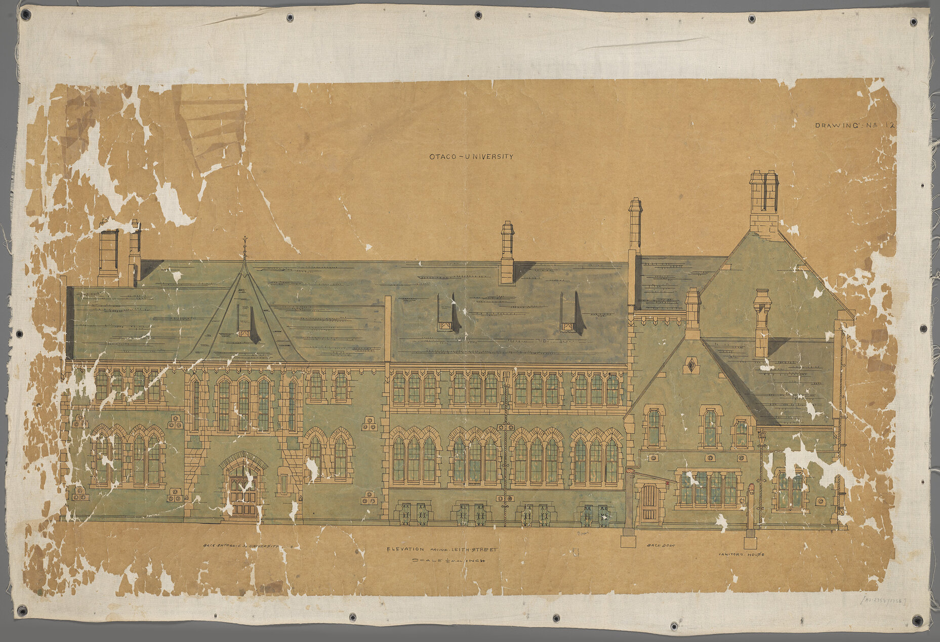 Plan for the University of Otago, Maxwell Bury architect. Drawing no. 12. Elevation facing Leith Street.