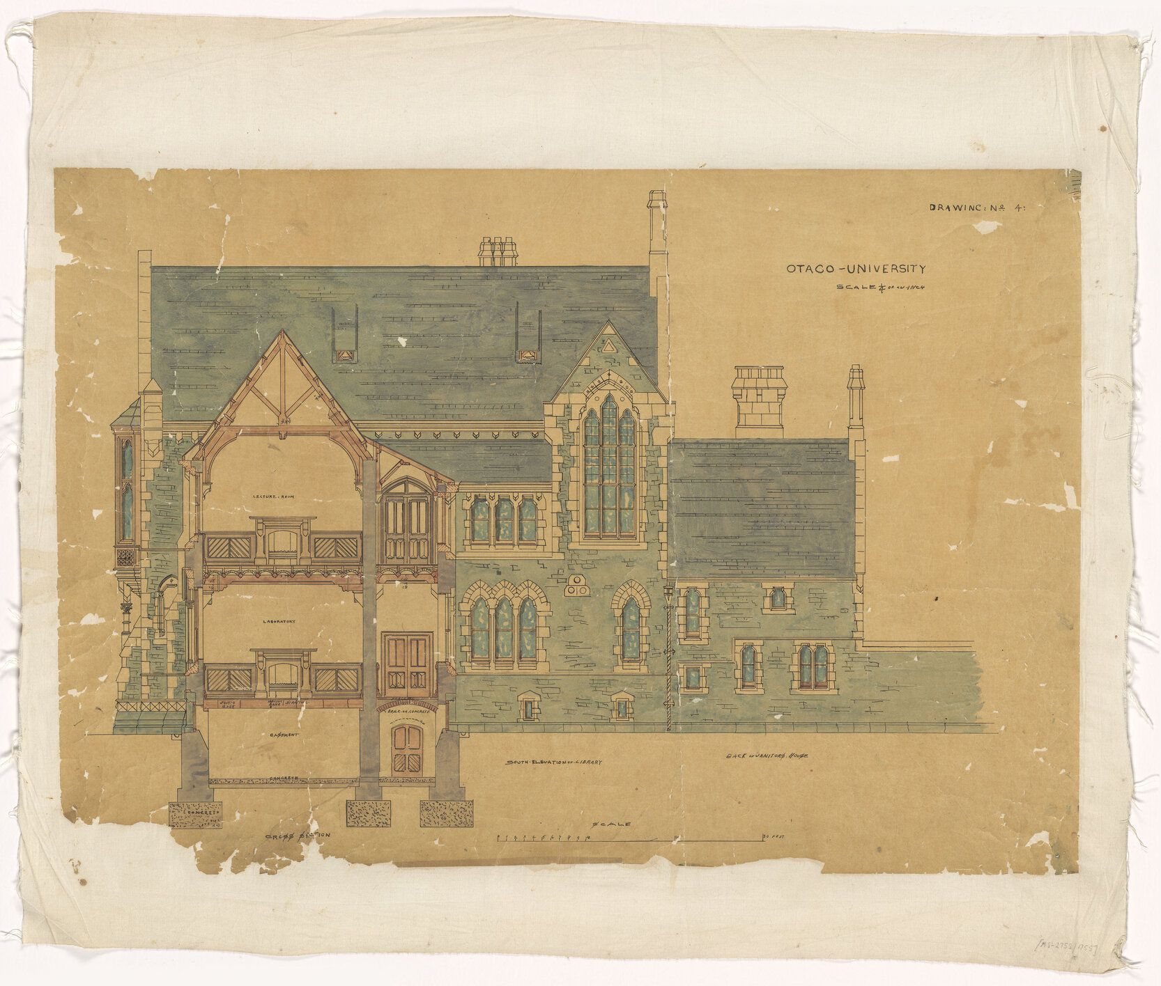 Plan for the University of Otago, Maxwell Bury architect. Drawing no. 4. South elevation of library and janitor's house.