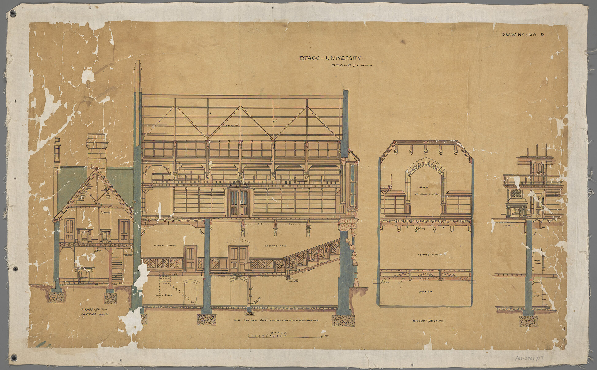 Plan for the University of Otago, Maxwell Bury architect. Drawing no. 6. Section through library, lecture room, and janitor's house.