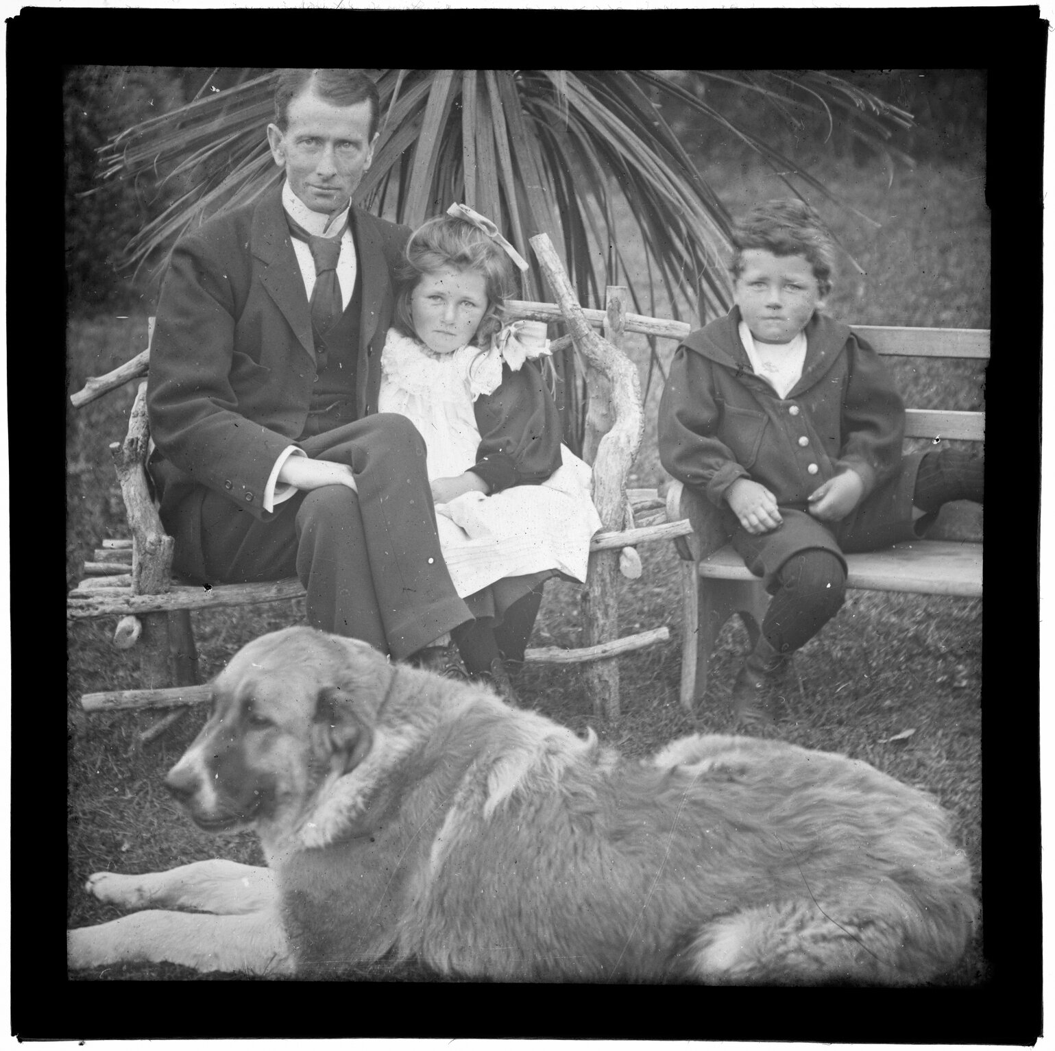 Man and two children, seated behind a dog