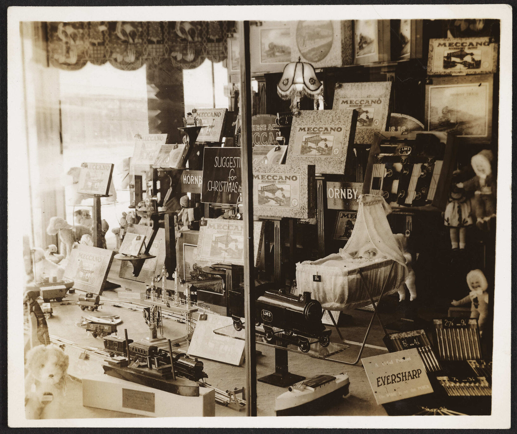 'Suggestions for Christmas' window display showing toys