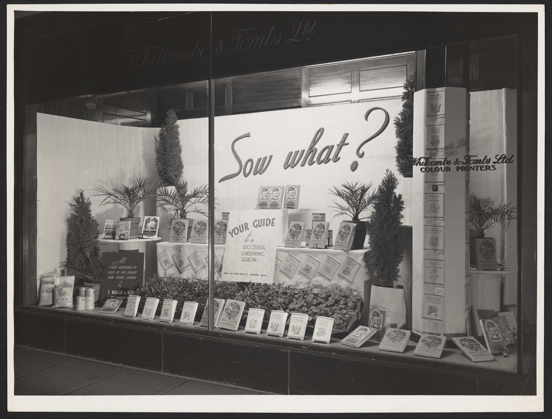 Window display featuring gardening books, with sign reading 'Sow what?'