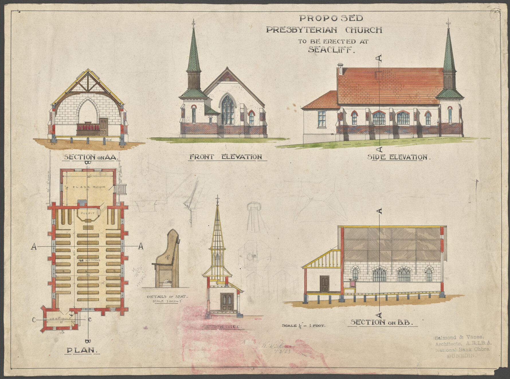 Seacliff Presbyterian Church, plan for church building, Salmond &amp; Vanes architects