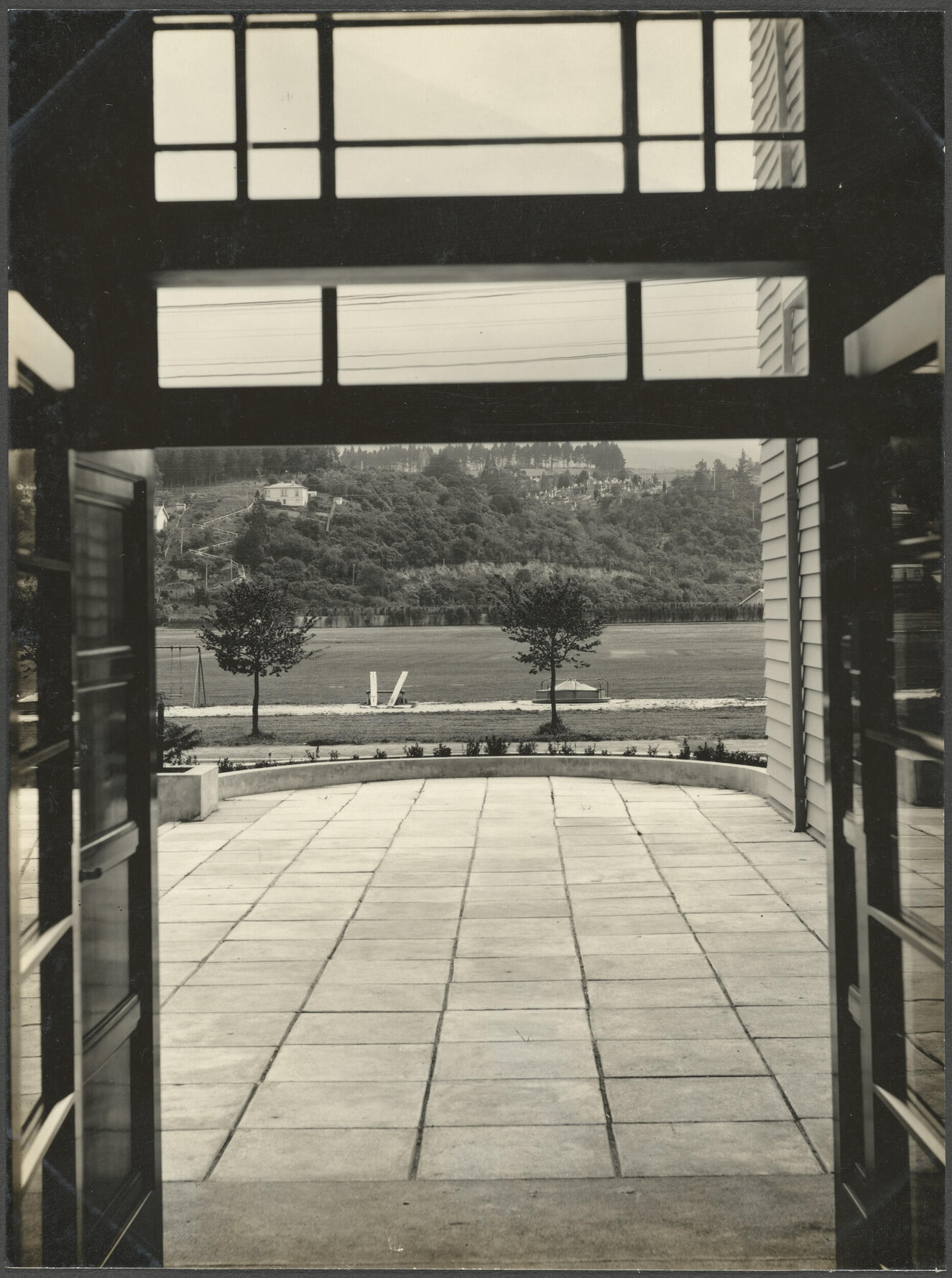 View out of entrance doors to Logan Park, Dunedin Training College
