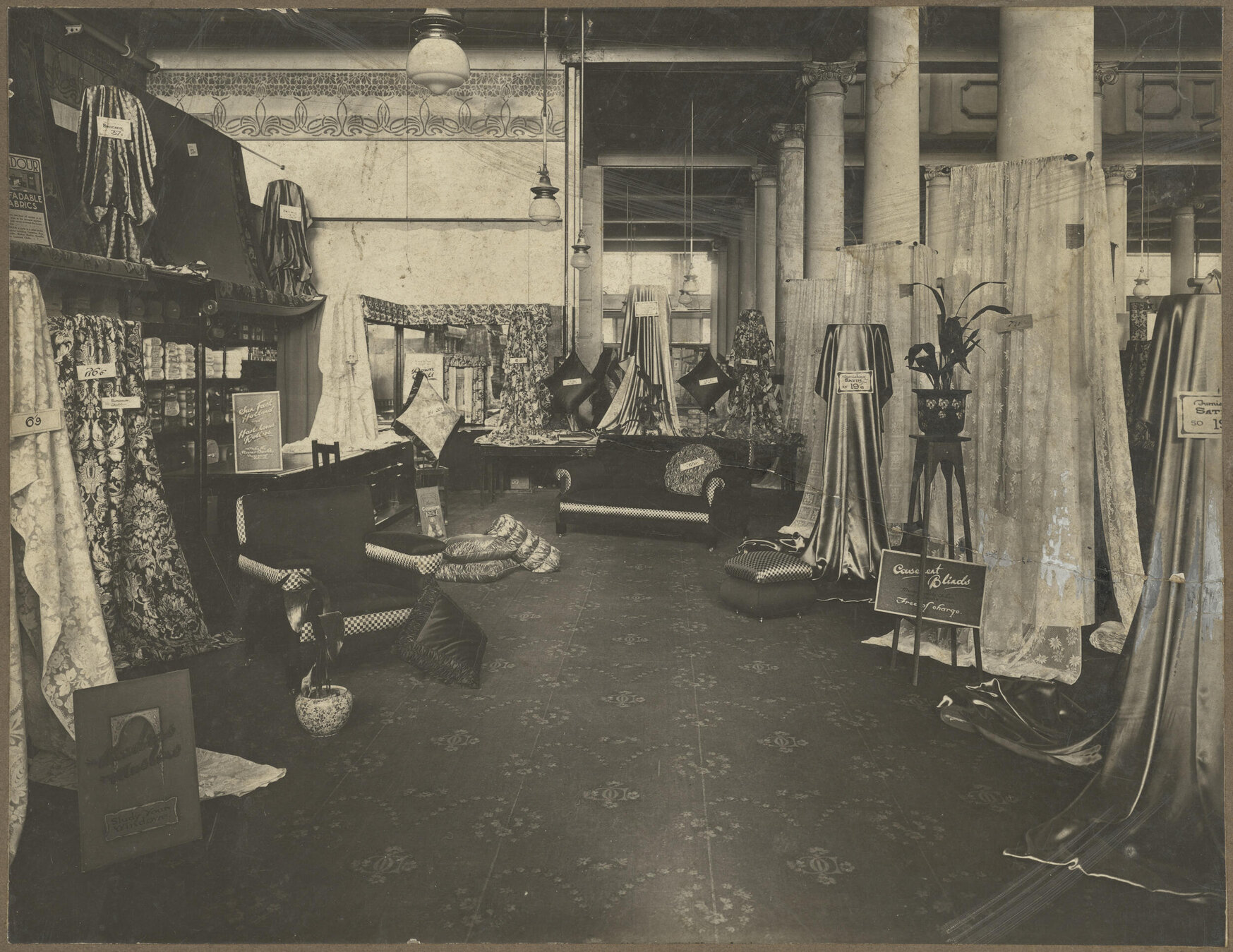 Shop display of drapes and furnishings