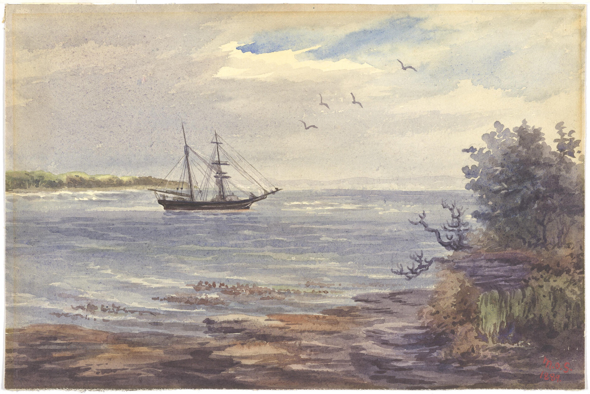 Sailing ship at anchor, Chatham Island