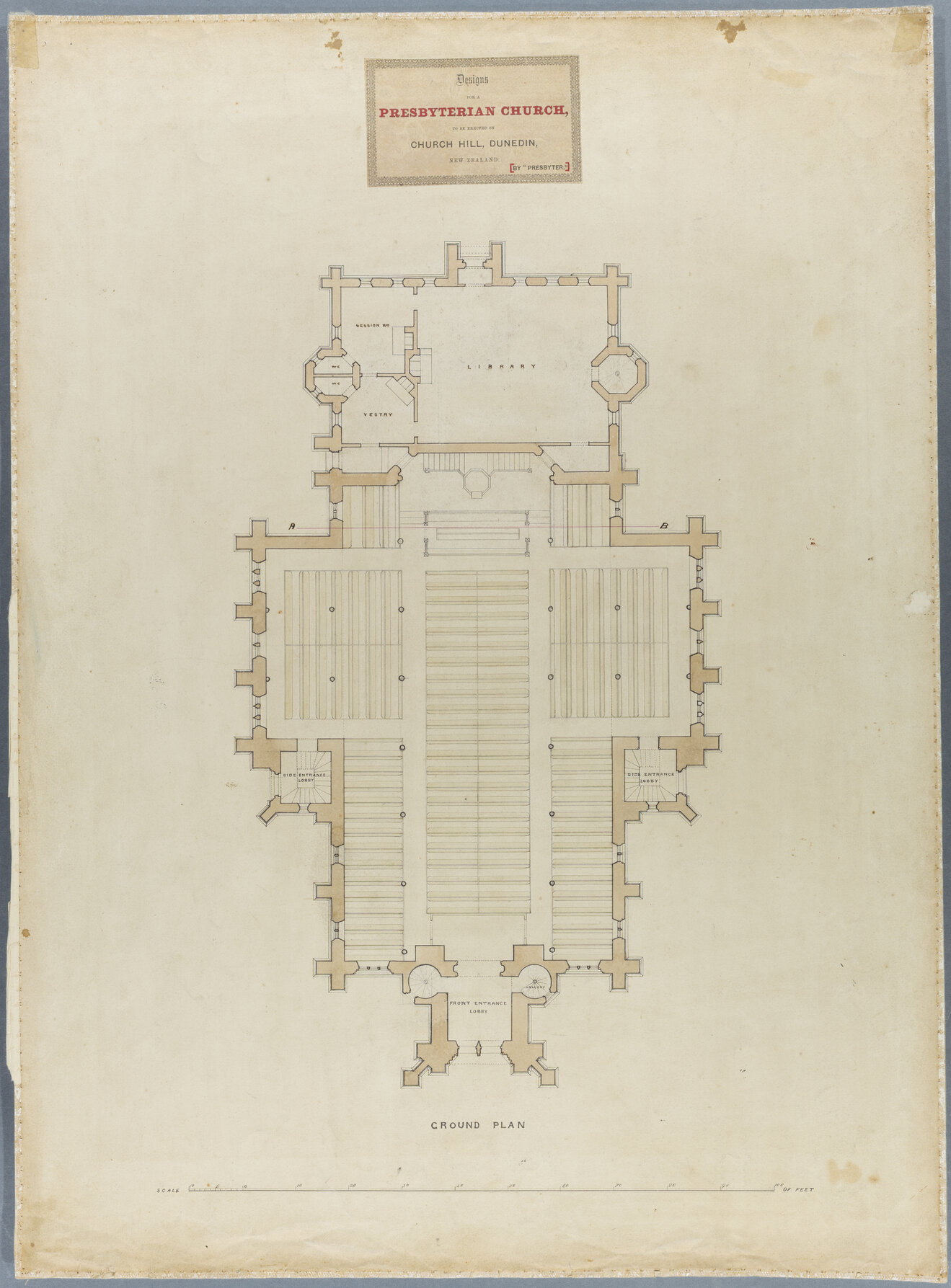 'Designs for a Presbyterian Church, to be erected on Church Hill, Dunedin, New Zealand'. By 'Presbyter' [R.A. Lawson]. Ground plan.
