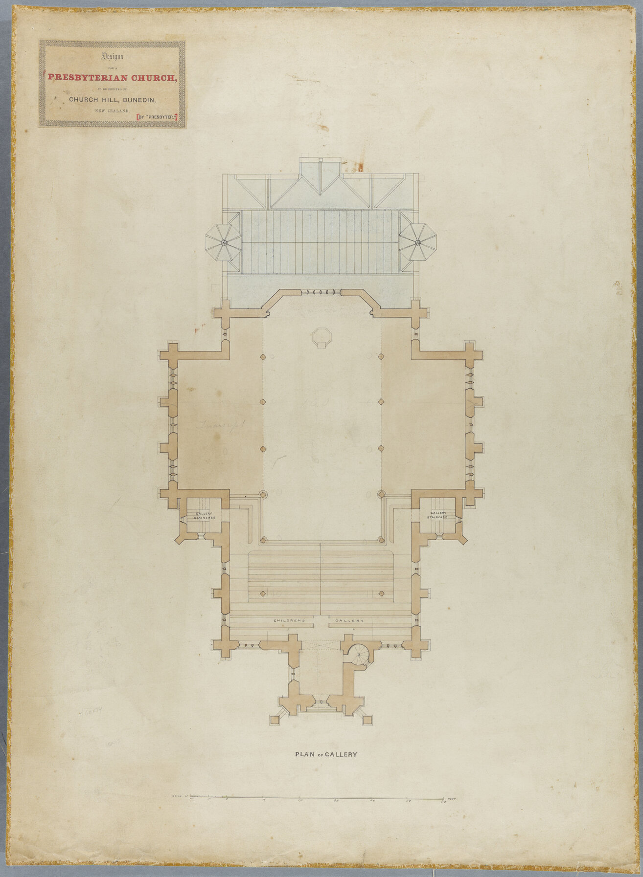 'Designs for a Presbyterian Church, to be erected on Church Hill, Dunedin, New Zealand'. By 'Presbyter' [R.A. Lawson]. Gallery plan.