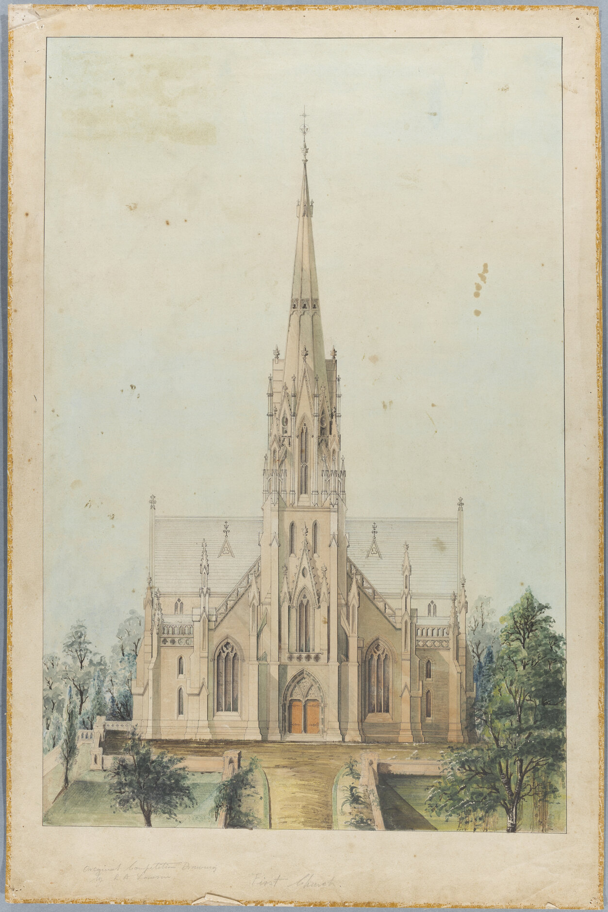 'Designs for a Presbyterian Church, to be erected on Church Hill, Dunedin, New Zealand. By 'Presbyter' [R.A. Lawson]. Front elevation.