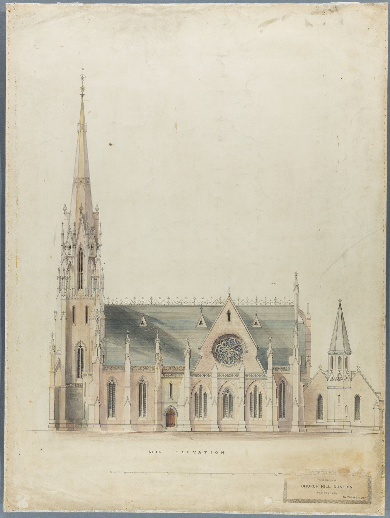 'Designs for a Presbyterian Church, to be erected on Church Hill, Dunedin, New Zealand'. By 'Presbyter' [R.A. Lawson]. Side elevation plan.