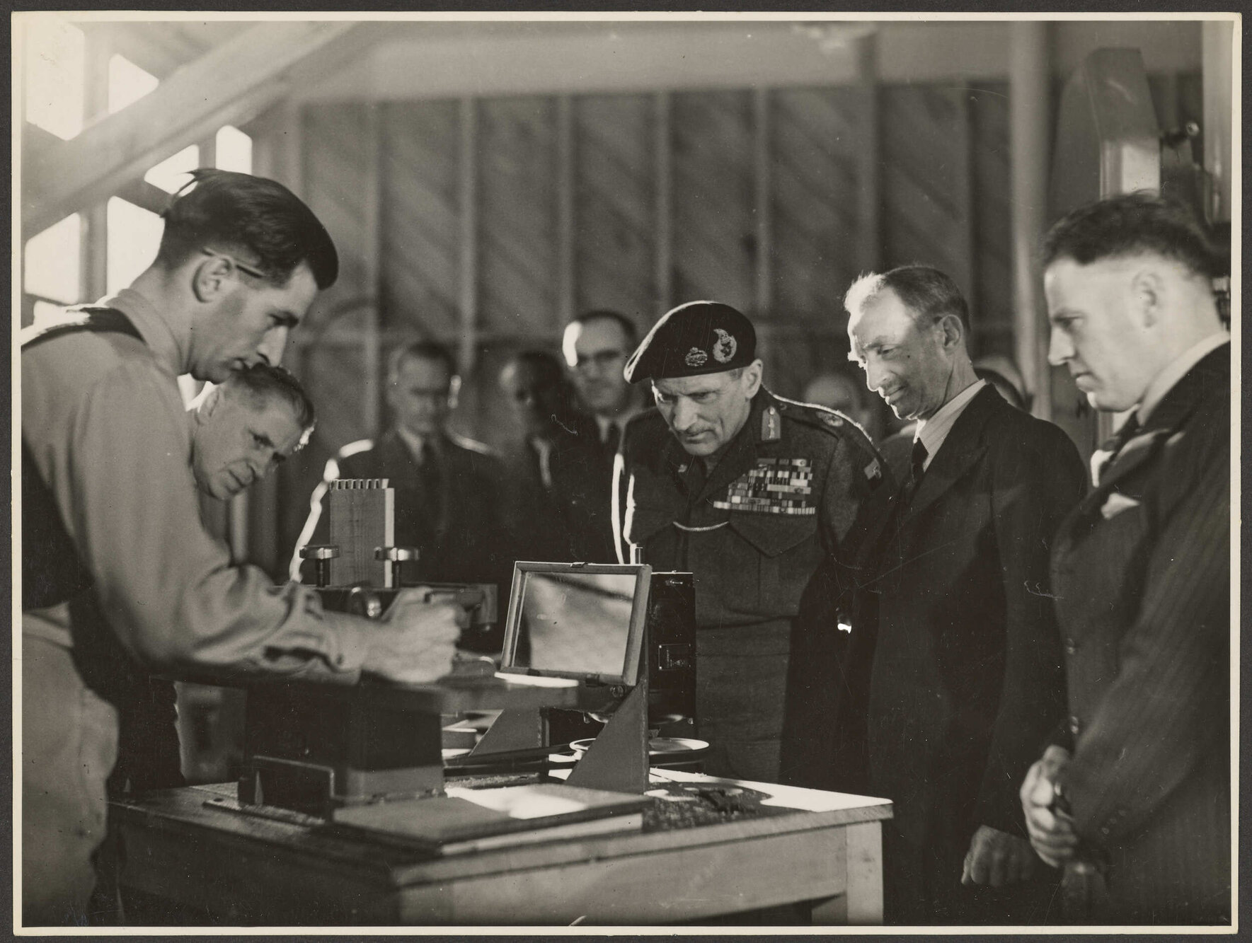 Lord Montgomery inspecting wood-working machines at the Disabled Servicemen's Vocational Training Centre