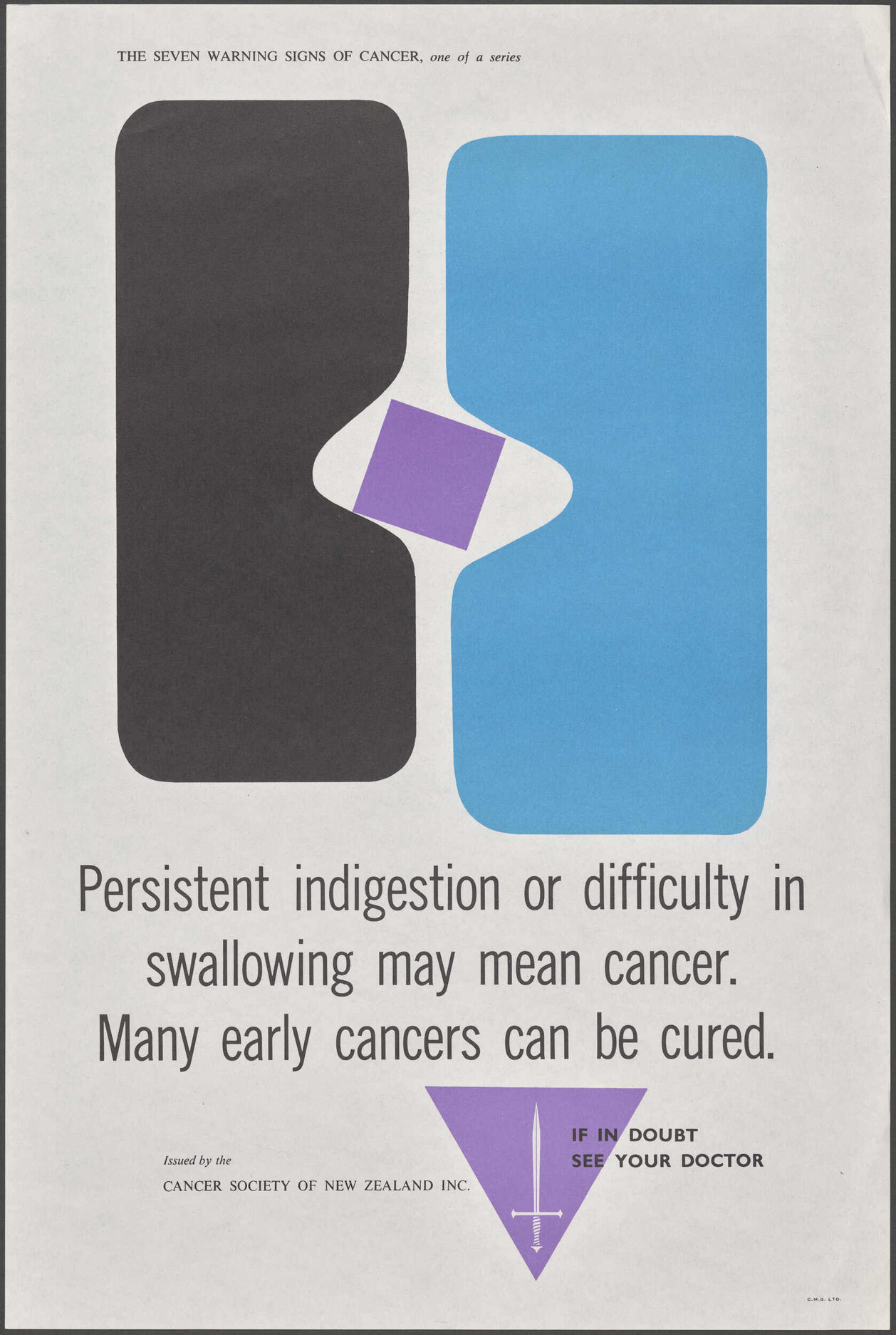 "Persistent indigestion or difficulty in swallowing may mean cancer. Many early cancers can be cured."