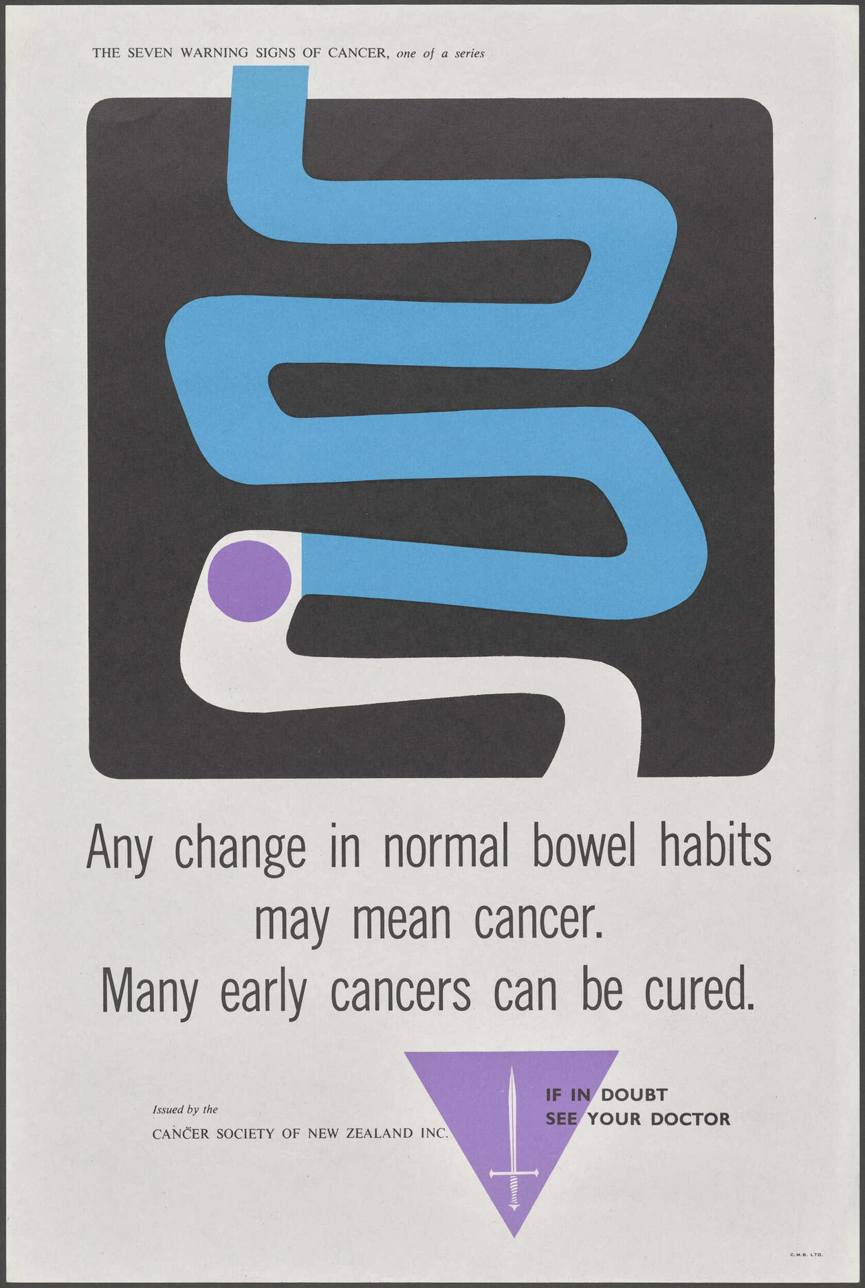 "Any change in normal bowel habits may mean cancer. Many early cancers can be cured."