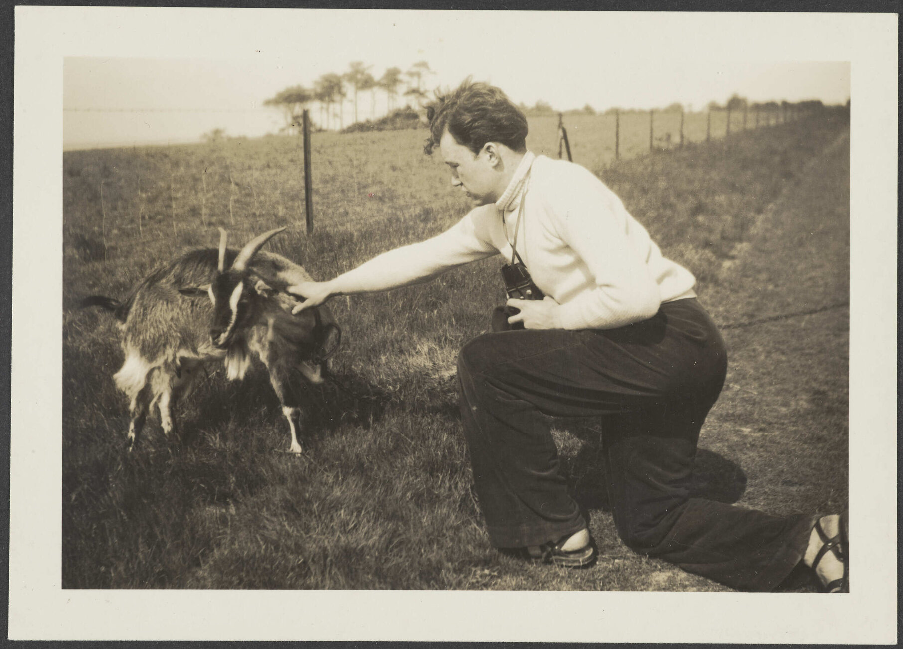 Man with camera and goat, in a rural setting