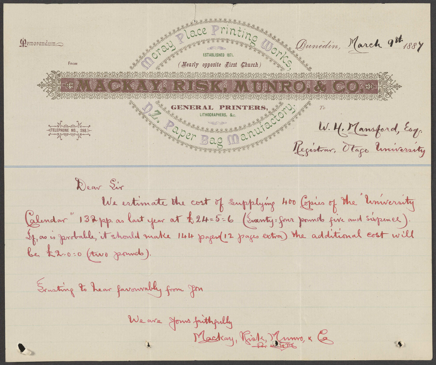 Mackay, Risk, Munro, &amp; Co. letterhead