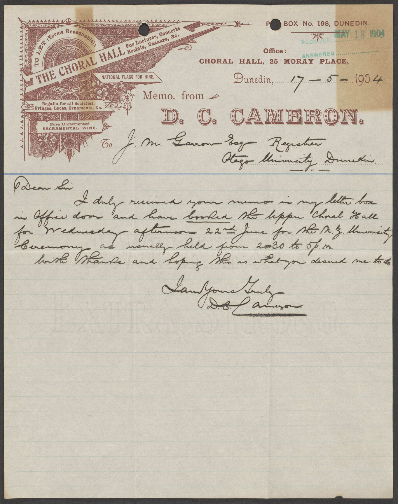 D.C. Cameron letterhead