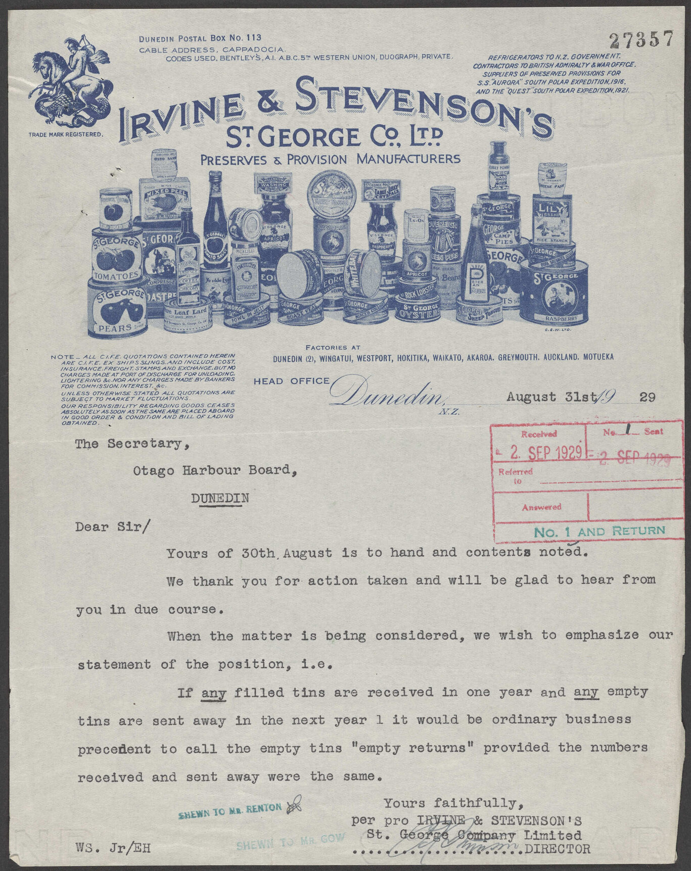 Irvine and Stevenson's St George Company Limited letterhead
