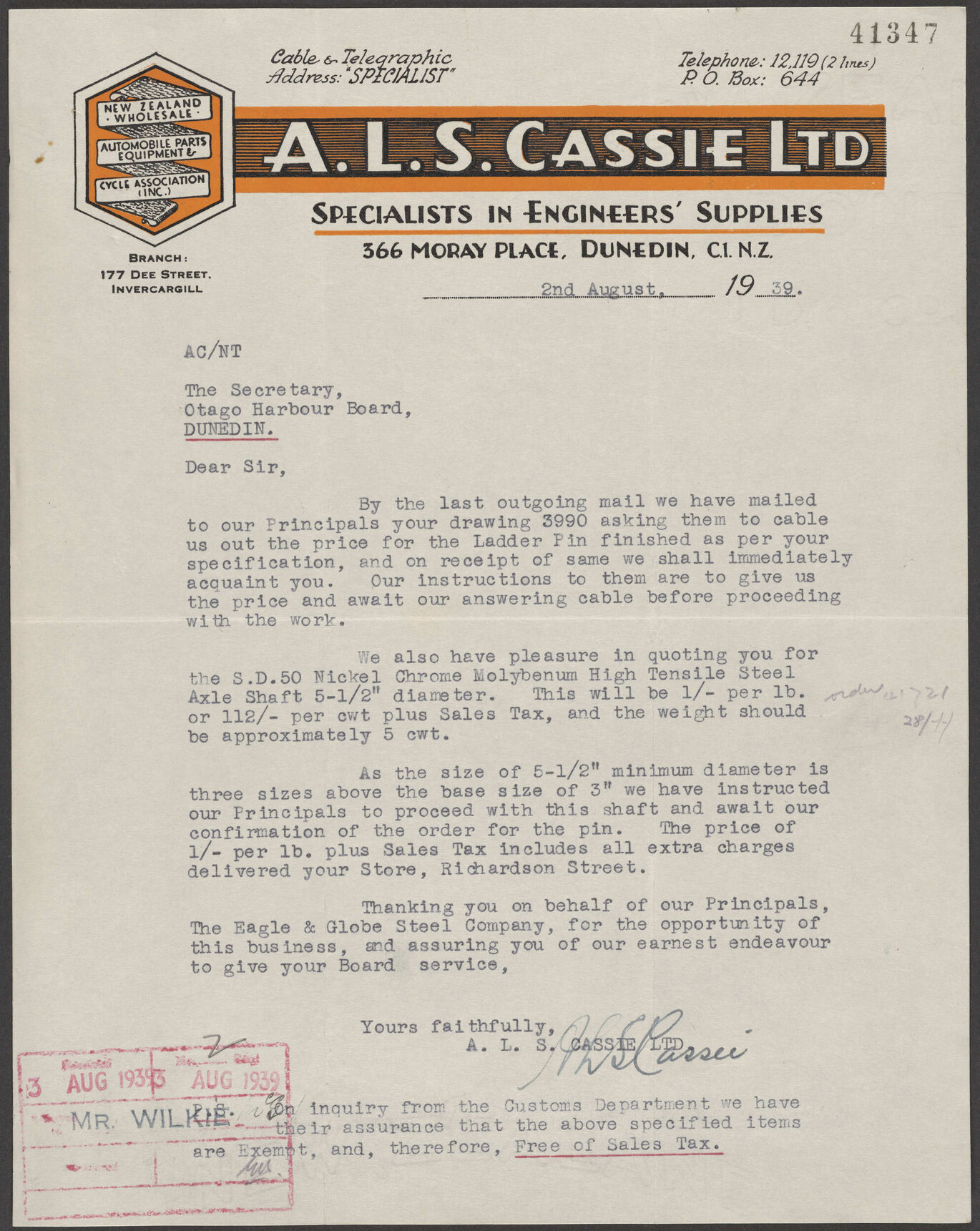 A.L.S. Cassie letterhead