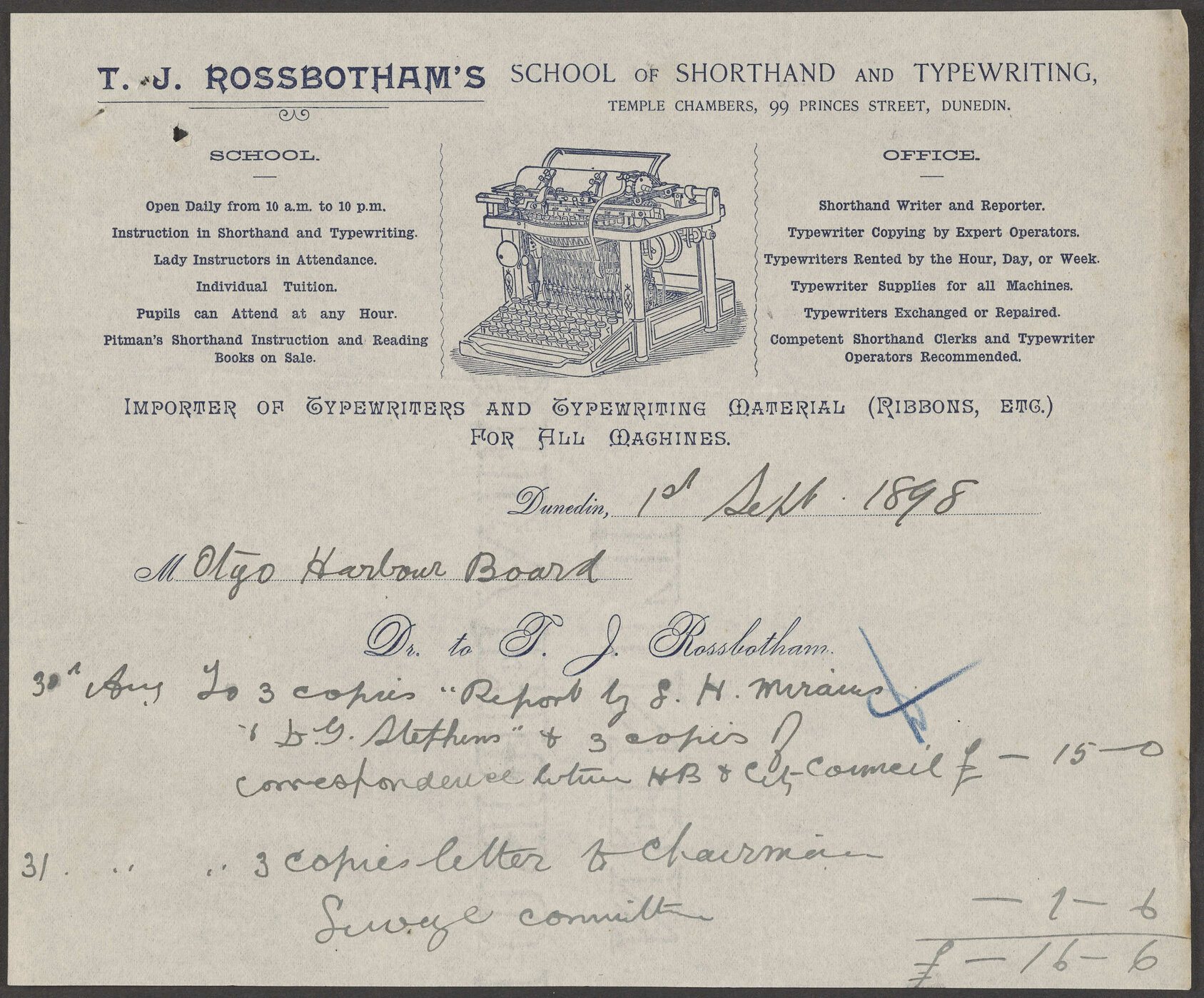 T.J. Rossbotham's School of Shorthand and Typing billhead