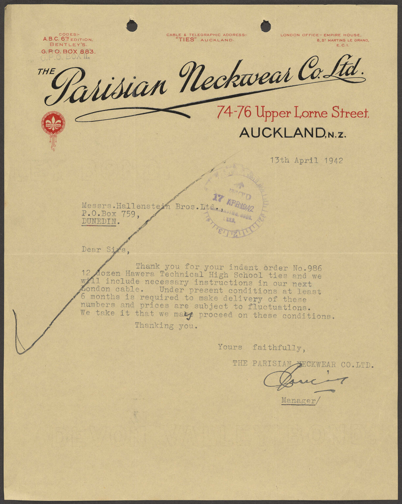 Parisian Neckwear Co. letterhead