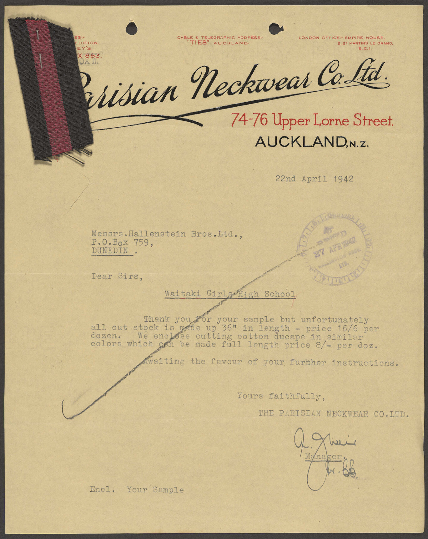 Parisian Neckwear Co. letterhead