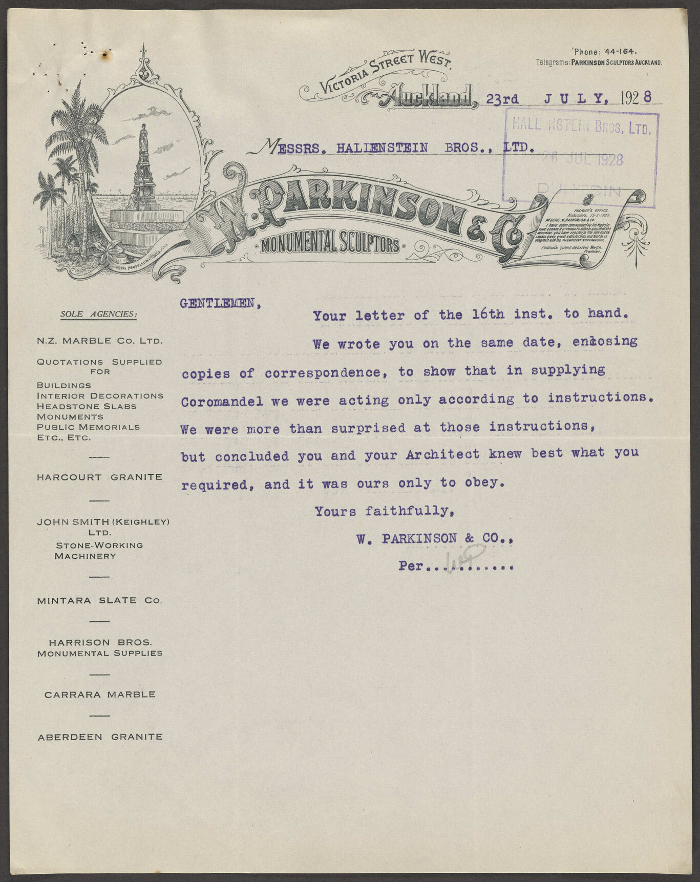 W. Parkinson &amp; Co. letterhead