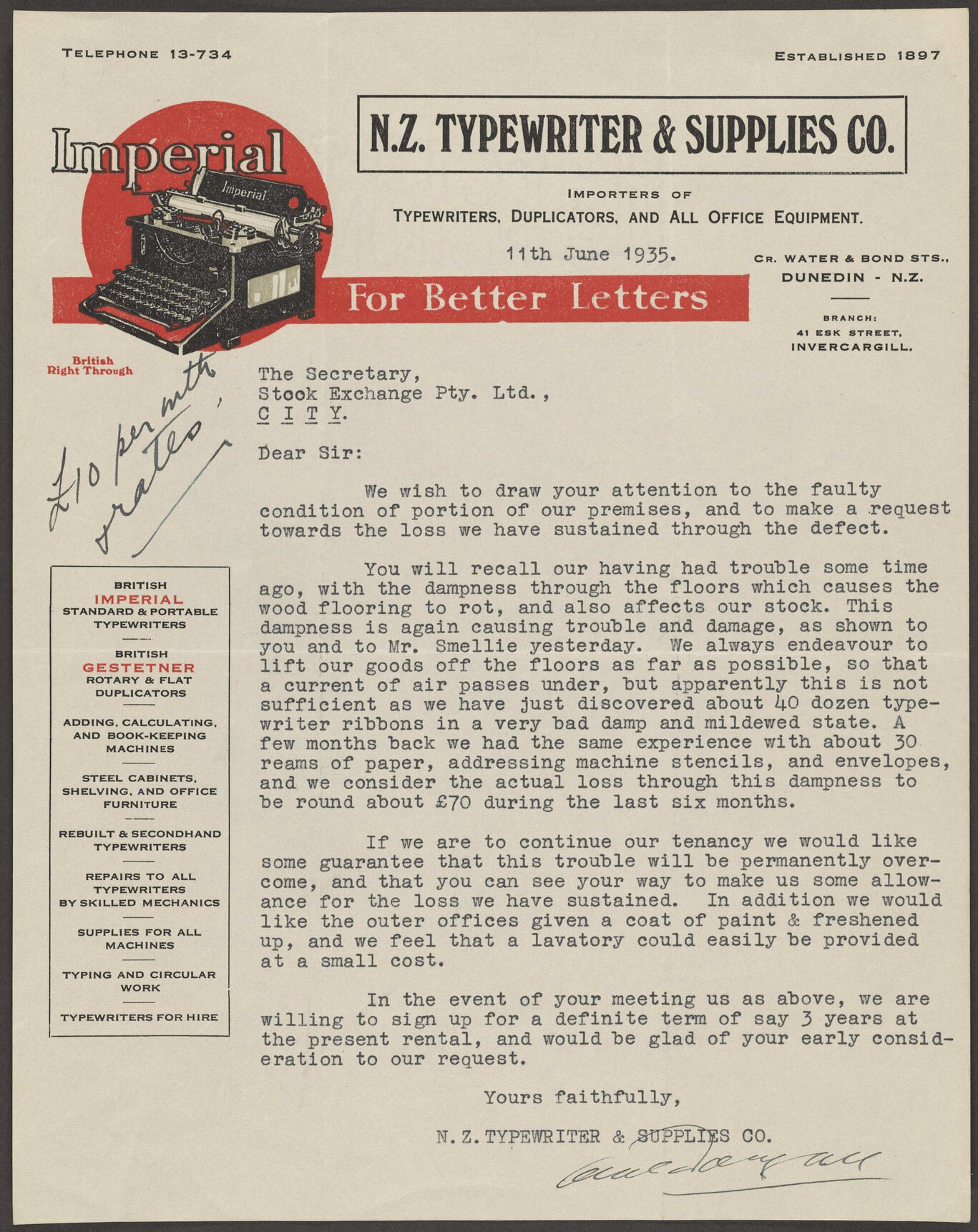 N.Z. Typewriter &amp; Supplies Co. letterhead